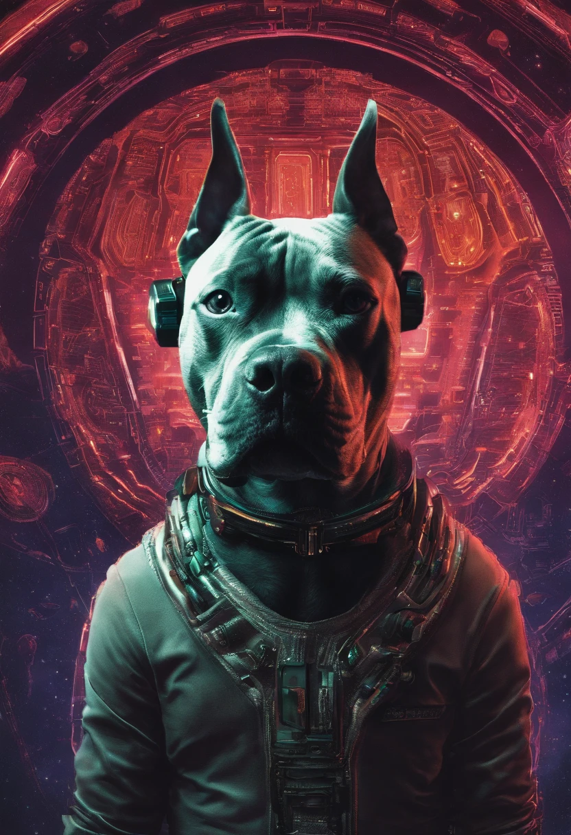cinematic photo Embroidery of a smug, pit bull malvado, equiretangular 360, Romantic, arte por Michael Hutter . fotografia 35mm, Film, Bokeh, profissional, 4k, altamente detalhado