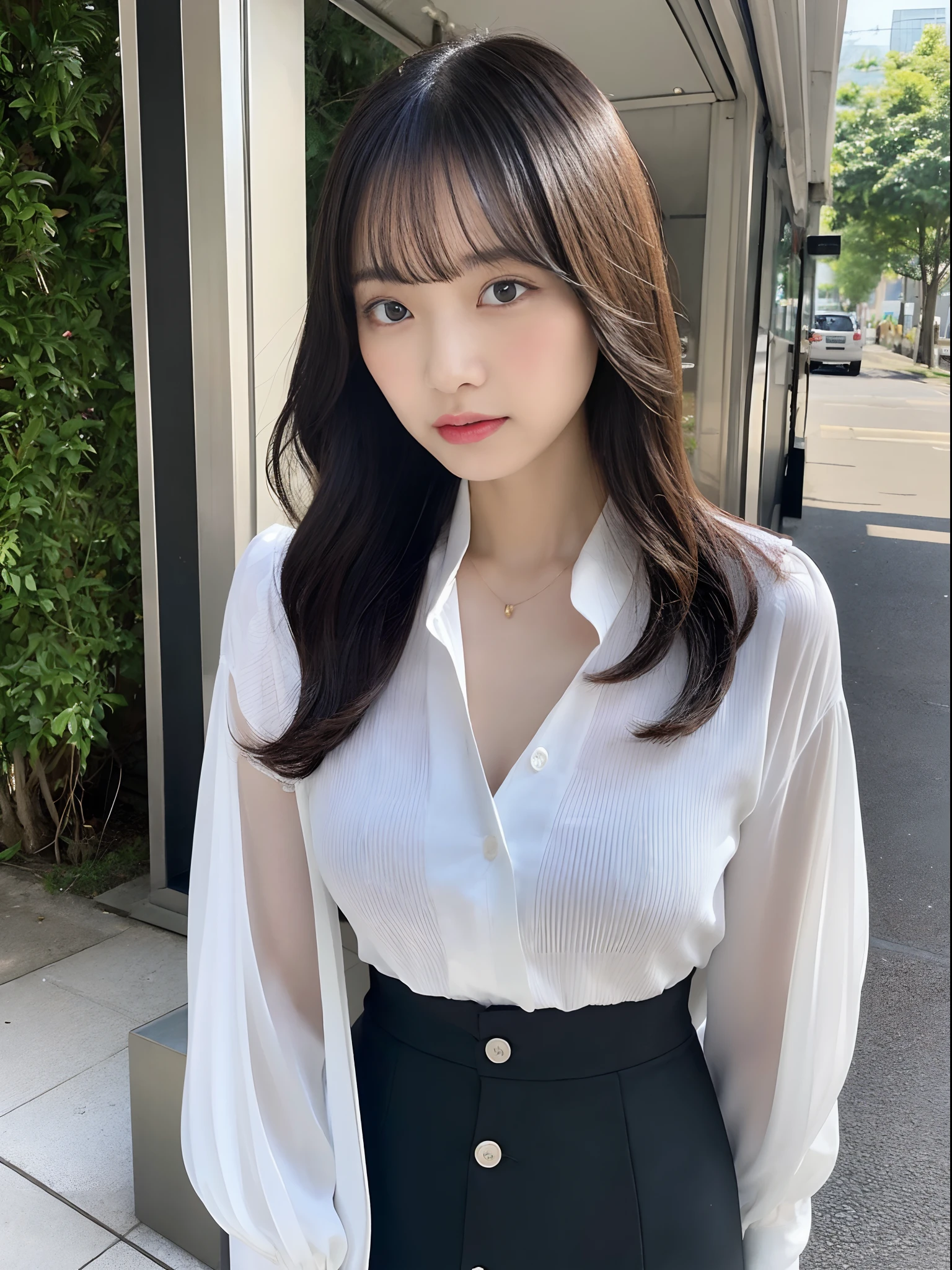 highest quality, masterpiece, High resolution, Photoreal, Raw photo, 8k wallpaper, perfection, professional lighting, very detailed, Depth of bounds written, ((Japan female in her 30s)), Slender, sexy, detailed face, beautiful eyes, bangs, straight hair, faint lips, ((look at the viewer, serious face)), white blouse、black mini skirt、sitting on the sofa,