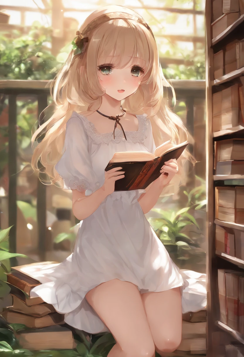 Cute loli，Barefoot，Tummy down，head looking up，Raise your feet，shift dresses，white  panties，largeeyes，Anime cute face，looking at book，Wet da
