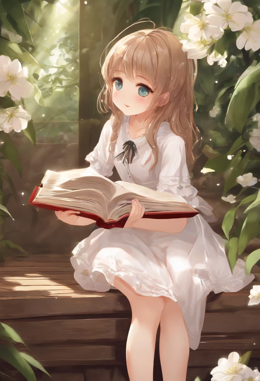 Cute loli，Barefoot，Tummy down，head looking up，Raise your feet，shift dresses，white  panties，largeeyes，Anime cute face，looking at book，Wet da