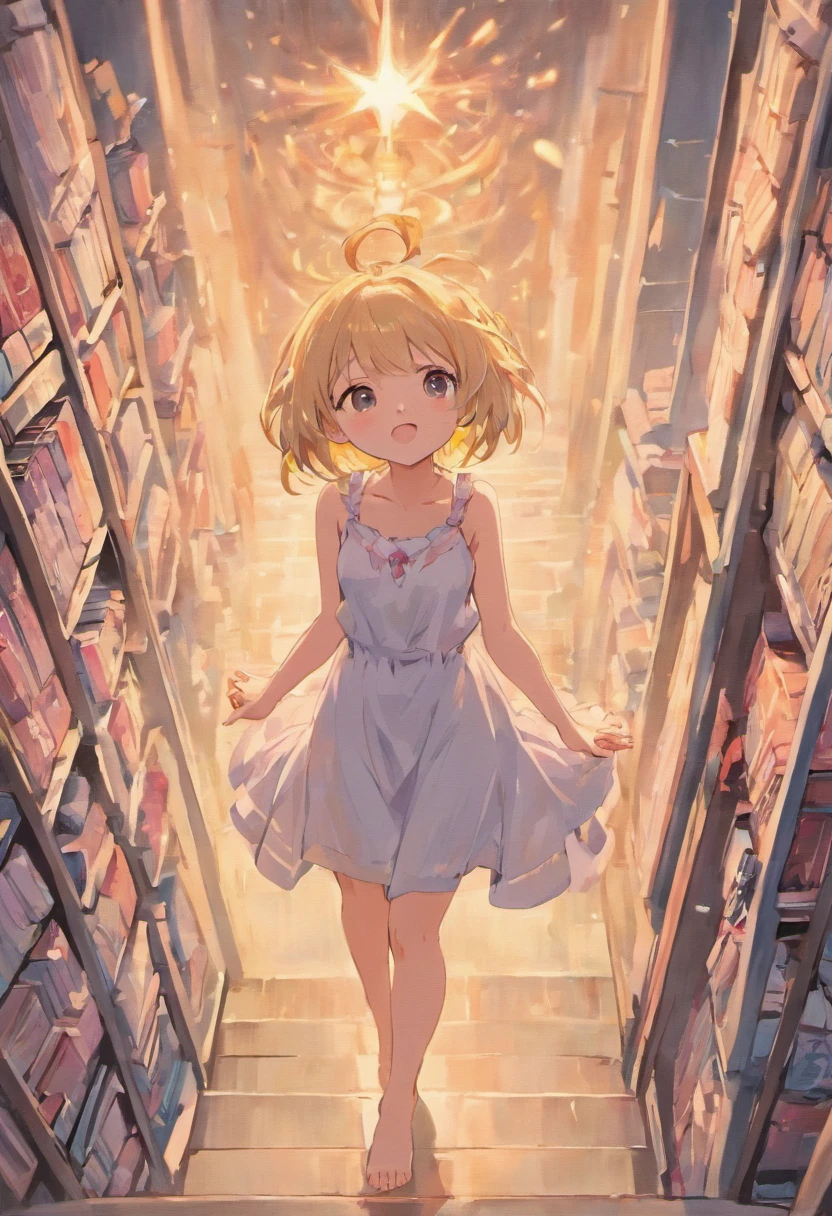 Cute ，Barefoot，Tummy down，head looking up，Raise your feet，shift dresses，white  panties，largeeyes，Anime cute face，looking at book，Wet da