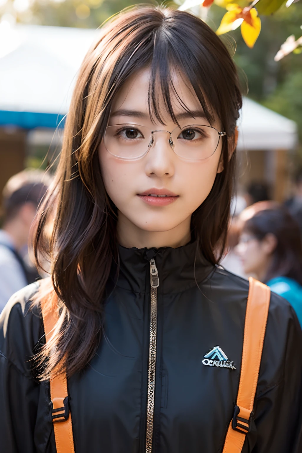 (8K、Raw photography、top-quality、masterpiece:1.2)、(realisitic、Photorealsitic:1.37)、ultra-detailliert、超A high resolution、女の子 1 人、29yo、see the beholder、beautifull detailed face、Smile、Constriction、(Slim waist) :1.3)、Beautiful detailed skin、Skin Texture、Floating hair、Hair bunched into one、(Mountaineering Wear:1.4)、Professional Lighting、Barbecue area in autumn、campsite、(((Black square glasses )))、Whole human body、Black hair、((Shameful appearance))、