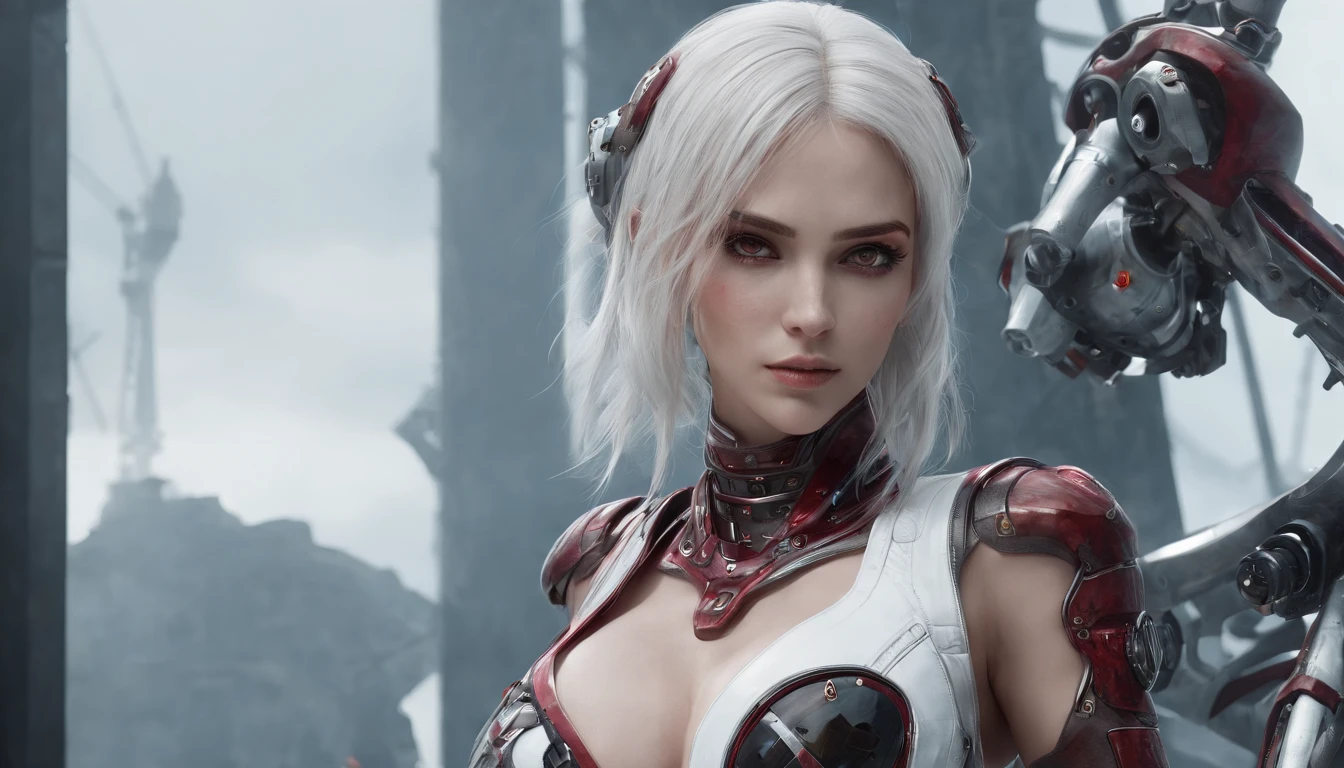 Cirilla Fiona Elen Riannon，Highest image quality，Outstanding details，超高分辨率，（Fidelity：1.4），The best illustration，Favor the details，closeup cleavage，A mech girl，He has a delicate and beautiful face，（（Red and white semi-mechanical body：1.8）），Raised sexy，cleavage，onbed，frontage，cyber punk perssonage，Futuristic，mechanically aesthetic，Complex machinery，The background is a high-tech lighting scene in the future city，Virtual Engine 5，Perfect detail rendering，rendering by octane，hyper HD