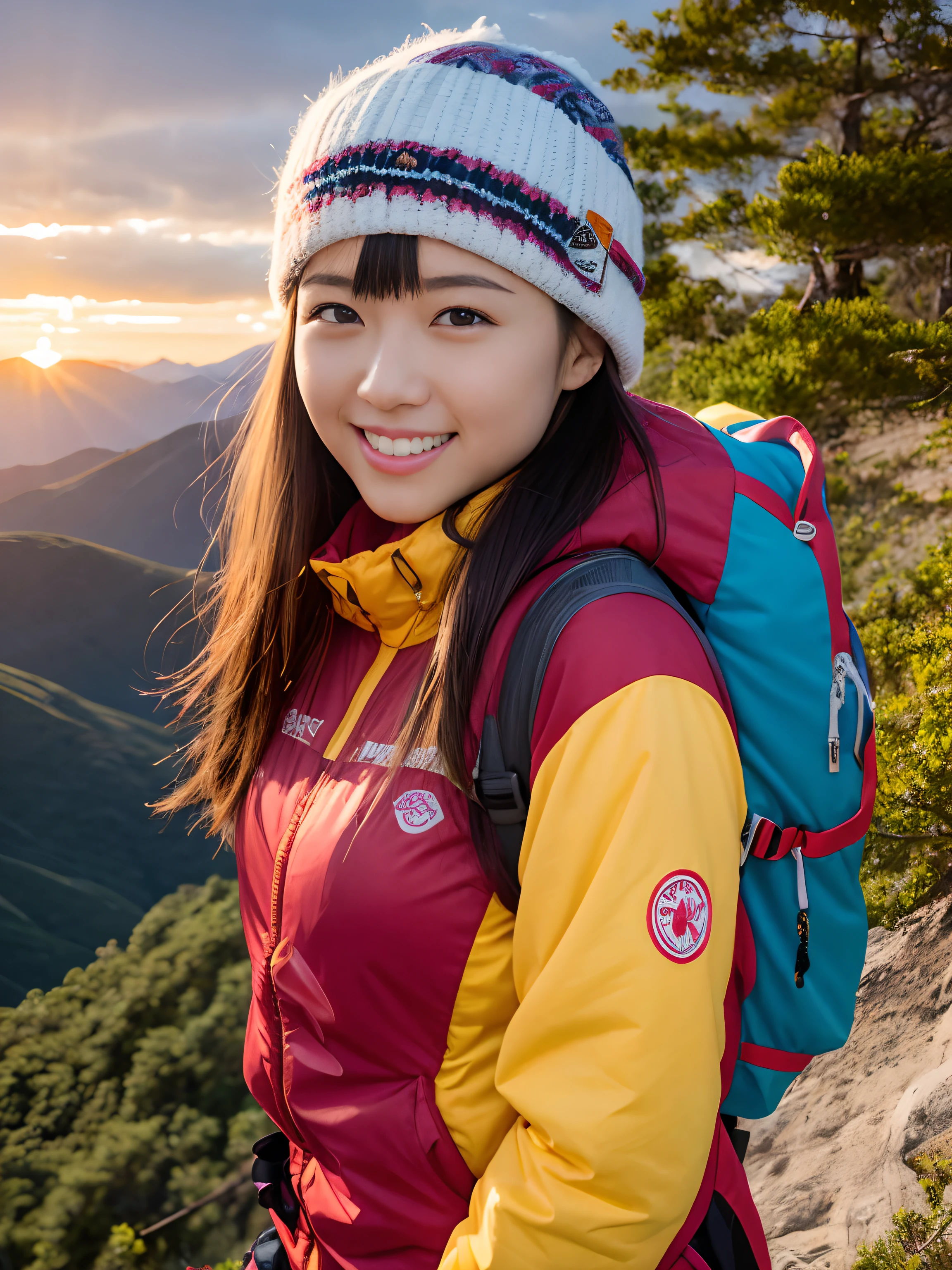 nffsw, nffsw, Ray traching, Radio City, Anisotropy Filtering, 16 K, Best Quality, masutepiece,1girl in, Solo, 25-years old, Beautiful mountaineer, hiking clothes, Gradient long hair, Perfect, Detailed, Convoluted, ropes, mountaineering equipment、Happy smile、Orange sunset、Happy smile、hiking