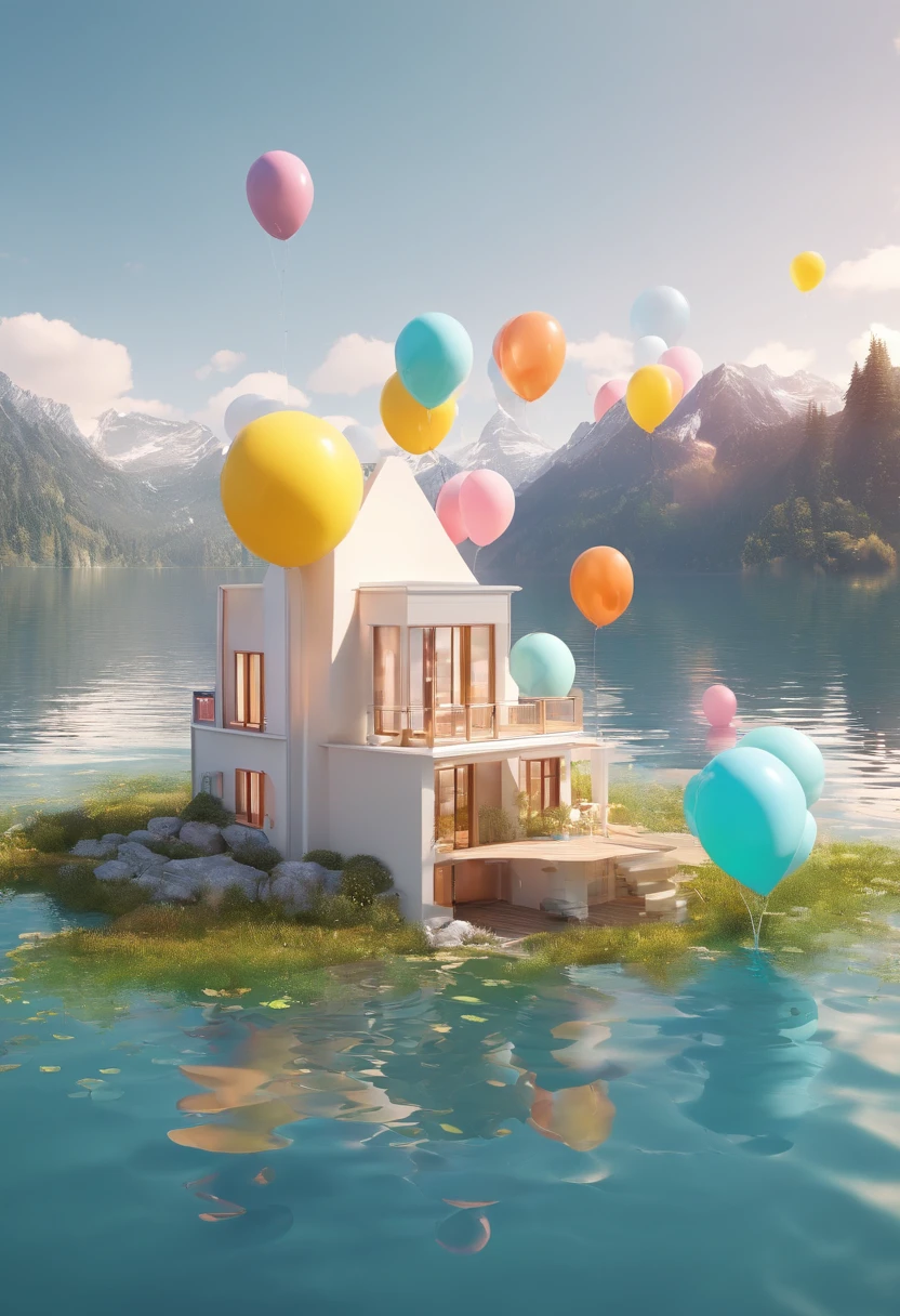 In the middle of the lake is a house made of balloons，Future pure white background 8k