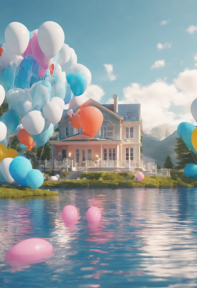 In the middle of the lake is a house made of balloons,Future pure white background 8k