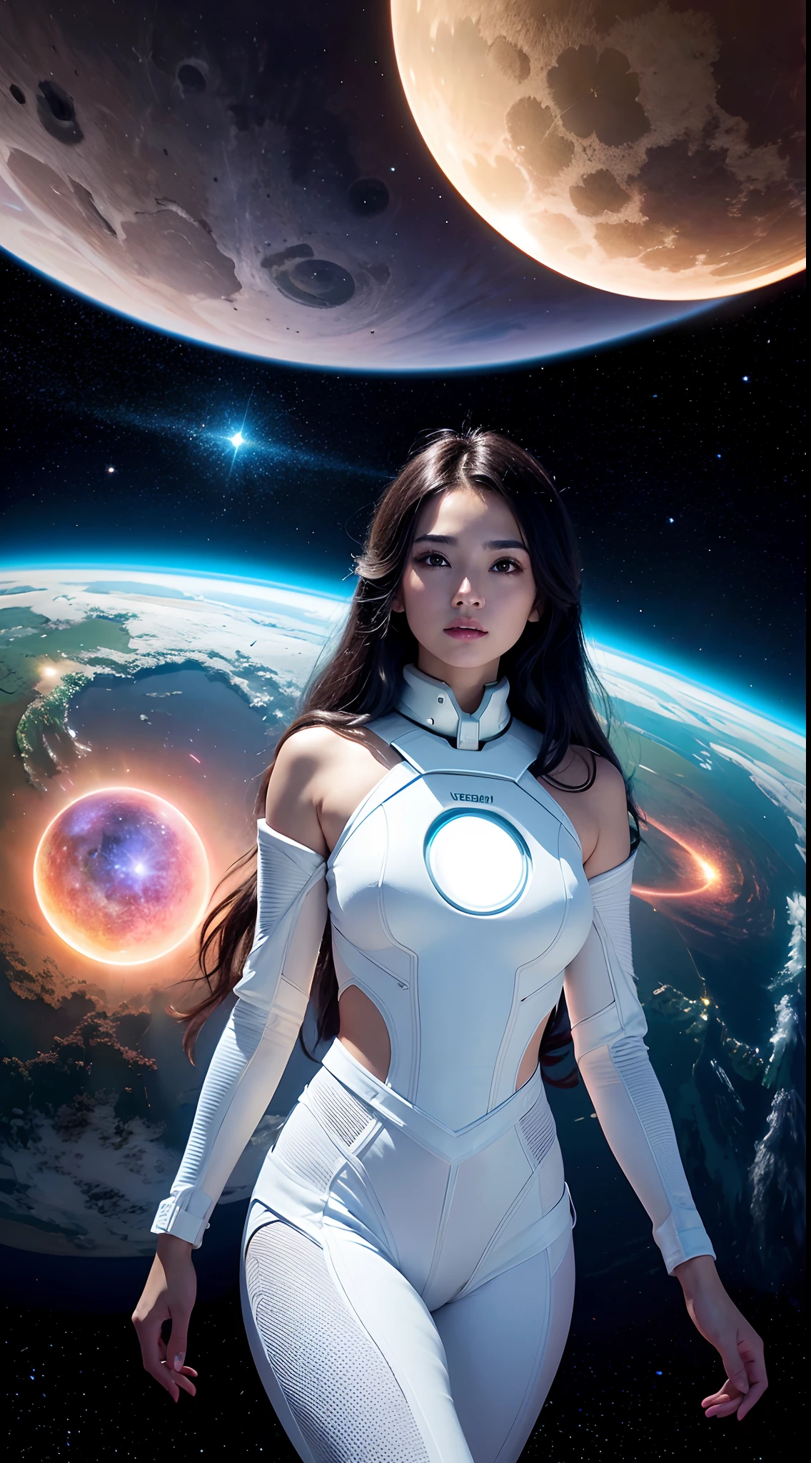 (tmasterpiece:1.2),best qualtiy,In space,(nigh sky,medium lenght hair:1.2),(illustratio:1.2),lindo cenario,dreads,(Elaborate luminescence,lens flare glow),(Hyper-detailing),Hyper-detailing,(exquisitedetails),(complexdetails),(Movie light,Best quality backlight),清晰的线条,New world,peeping at the viewer,Solo Woman,(Space Girl,the space),Oriental women,The girl looks like a Chinese movie star,Solo Woman,Perfect body,Beautiful 16 year old girl,(1girll),(Bright bioluminescent hair,bright glowing eyes),(galaxias,Alien planet),(Astronaut wearing sexy futuristic style white tight spacesuit:1.1),(The material of the spacesuit is extremely light),The girl's waist is very slender,big breasts thin waist,bare shoulders,Bare legs,exposed waist,Latex tight spacesuit,The chest of the spacesuit shows the starry sky,Slightly closed eyes,(cyber punk perssonage),(dyna:1.3),(putting makeup on)),hight contrast,(The best lighting,Extremely refined and beautiful),((Movie Moonlight)),Extremely colorful,((Photoshop Pastel Painting:1.1)),aethereal,(Movie Masterpiece),suspense,Funk,(Starskrim),splash of color,absolutly eye-catching,((Caustics)),dynamic angle,big breasts beautiful(detailed glow),(spine-chilling),(Intricate movie scenes behind it:1.2),Environmental occlusion, (Ambient moonshine), ray-traced reflection, intricately detailed visible background , (Glowing spacesuit), terroral, (Bioluminescent vegetation:1.2), terroral, uneasy, A futuristic, terroral, (Hologram head-up display), (Delicate Great Comet)
