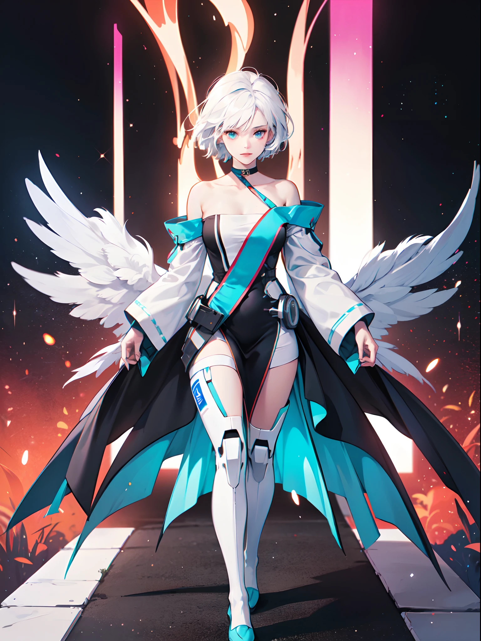 Fashion show, beautiful Mecha girl walking in catwalk, mecha girl, (cyborg body:1.1), white hair, collar bone, choker, detached sleeves, white mecha body with blue neon line, wings in back, black socks, bokeh, cinematic, film grain, (masterpiece, best quality, vibrant:1.3)