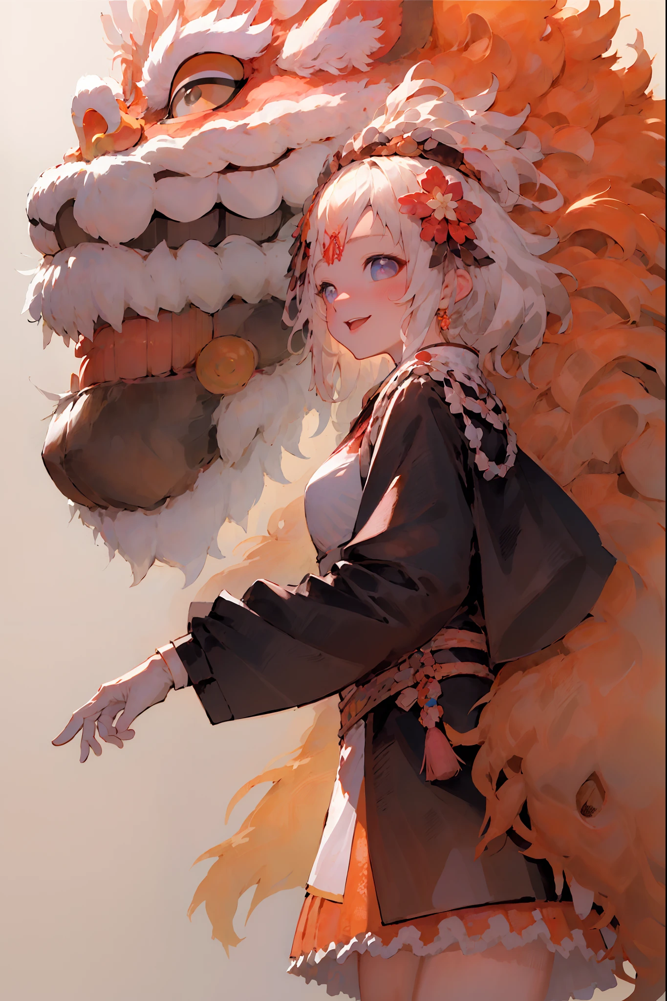 tmasterpiece，best qualtiy，illustratio，（（lion_Dance）），
 （messy  hair），[orange color hair：Purple buttocks：0.8]，Forehead，long whitr hair，O cabelo multicolorido，blue and purple  eyes，The upper part of the body，，（Colored inner hair：1.1），（gradienthair：1.1），[:p. Hair：0.8]，lion dance，Dance，intricate clothing details
