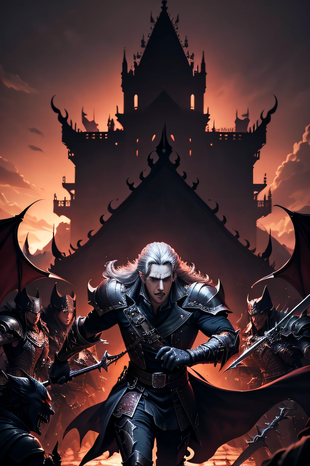 Castlevania Lord of Shadows Ultra Realistic Ultra Detailed Dynamic Pose Lord Dracula leads forces armed with demons in a big battle Surrealist War Ultra Detailed Sharp Details Movie Scene Movie Movie Animation