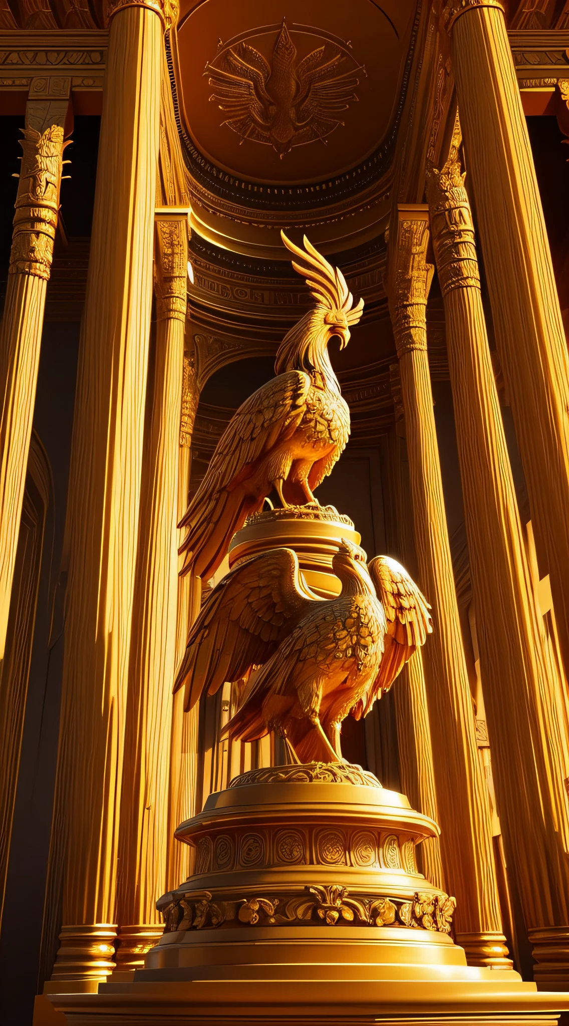 Phoenix Statue in a Grand Temple:
A grand temple housing an exquisite statue of a phoenix, a symbol of reverence and power.
