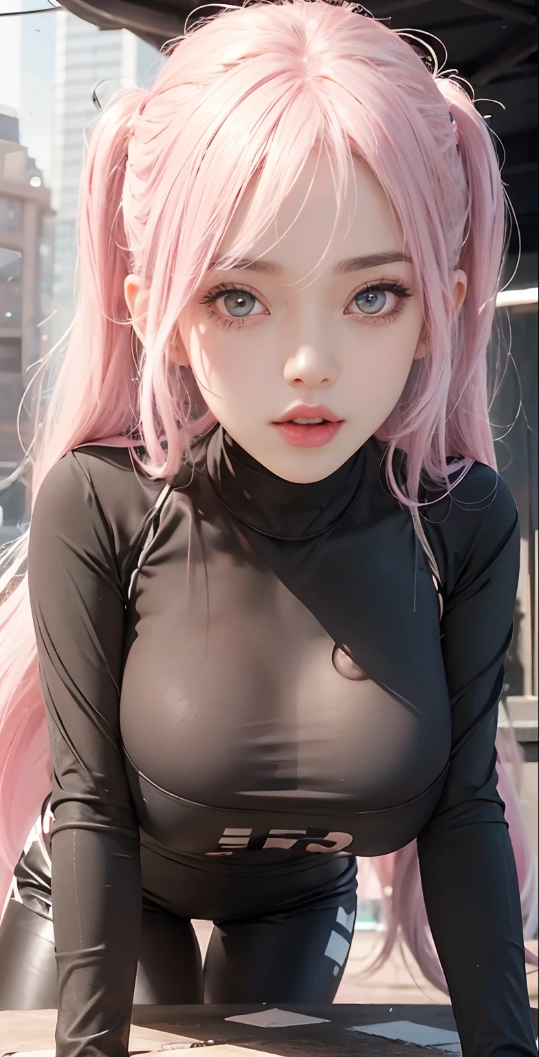 1girl,wearing black shiny spandex, light pink hair ,blue ayes,big butt,big boobs,detail background, detail foreground,high res,hyper realistis, ultra detail