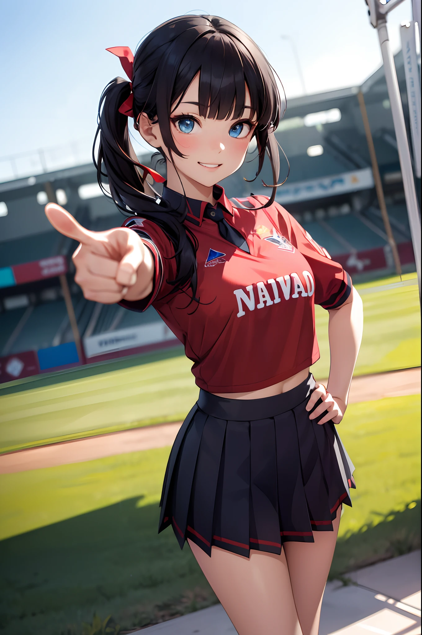 (tmasterpiece、top-quality、in 8K、32K、masterpiece、nffsw、超A high resolution、Impresionismo、Photorealsitic:1.2)、Angle from above、High angle、Colossal tits、cowboy shot, detailed faces and eyes、baseball field、Evening glow、beauitful face、blurry backround、16-year-old beautiful girl、shinny skin、Beautiful black hair、Blunt bangs、Invincible smile、Tie your hair with a big red ribbon、poneyTail、sky-blue eyes、(Pointing with your right hand、Left hand on hip:1.2)、Cheerleader Costumes、Pleated miniskirt、Curve、Stand on one knee、Opening legs、Be yourself、dynamicposes