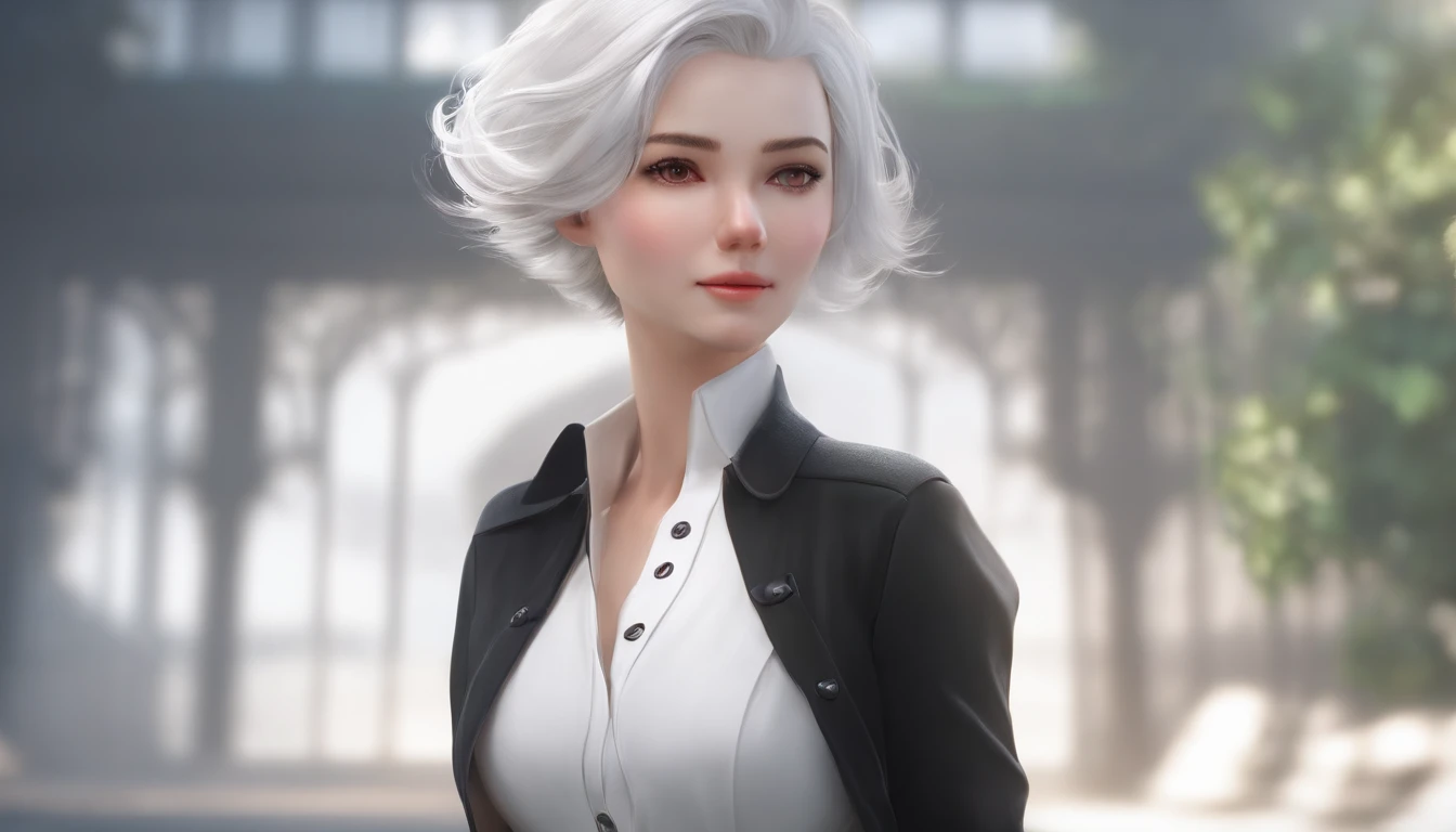 ((masterpiece, best quality)), (1girl), (solo), (female focus), (ahoge, white hair, short hair), black eyes, light smile, open mouth, ((white shirt), (buttoned shirt ), (button slit)), ((black dress), (short skirt)), standing, white background, behind arms, dynamic angle