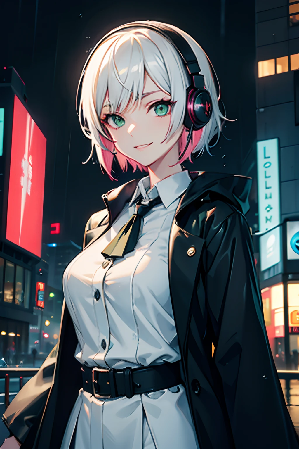 ((masutepiece)), 1girl in, Solo Focus, Tall lady, a smile、Wearing headphones on your neck、Short hair, multicolored hair, Green eyes, Eye-like gemstones, medium breasts, Black coat, White shirt, Accessories, City Background, Futuristic city, Night, Rain, Moody,