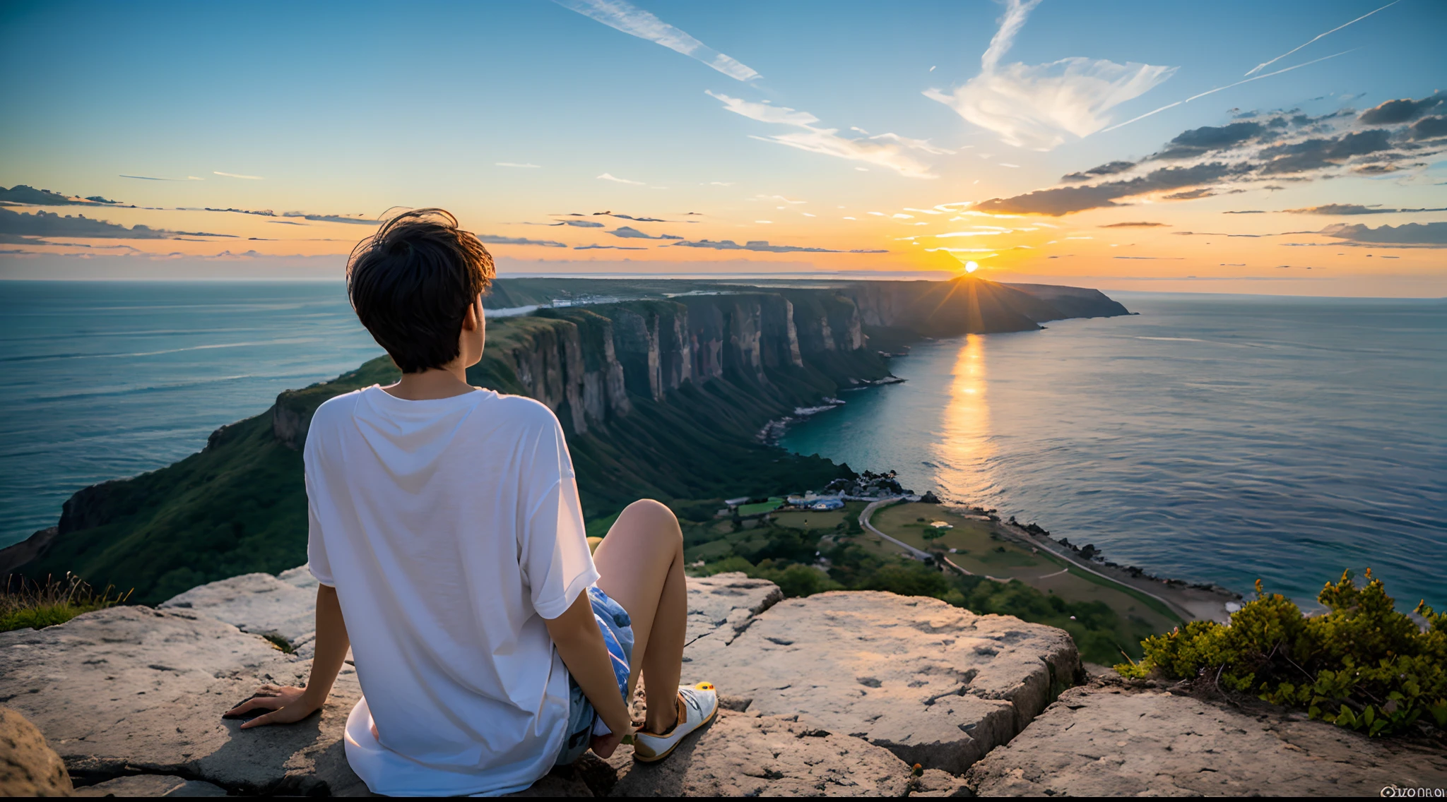 The back of an Asian boy with short hair，High-end clothes，Can't see the face，sitting at the edge of a cliff，Looking at the setting sun in the distance，photorealestic，super wide shot，The overall feeling is very sad，Photo texture，Movie chasing light，The skin texture is clear，The texture of the clothes is obvious，Surrealist depiction