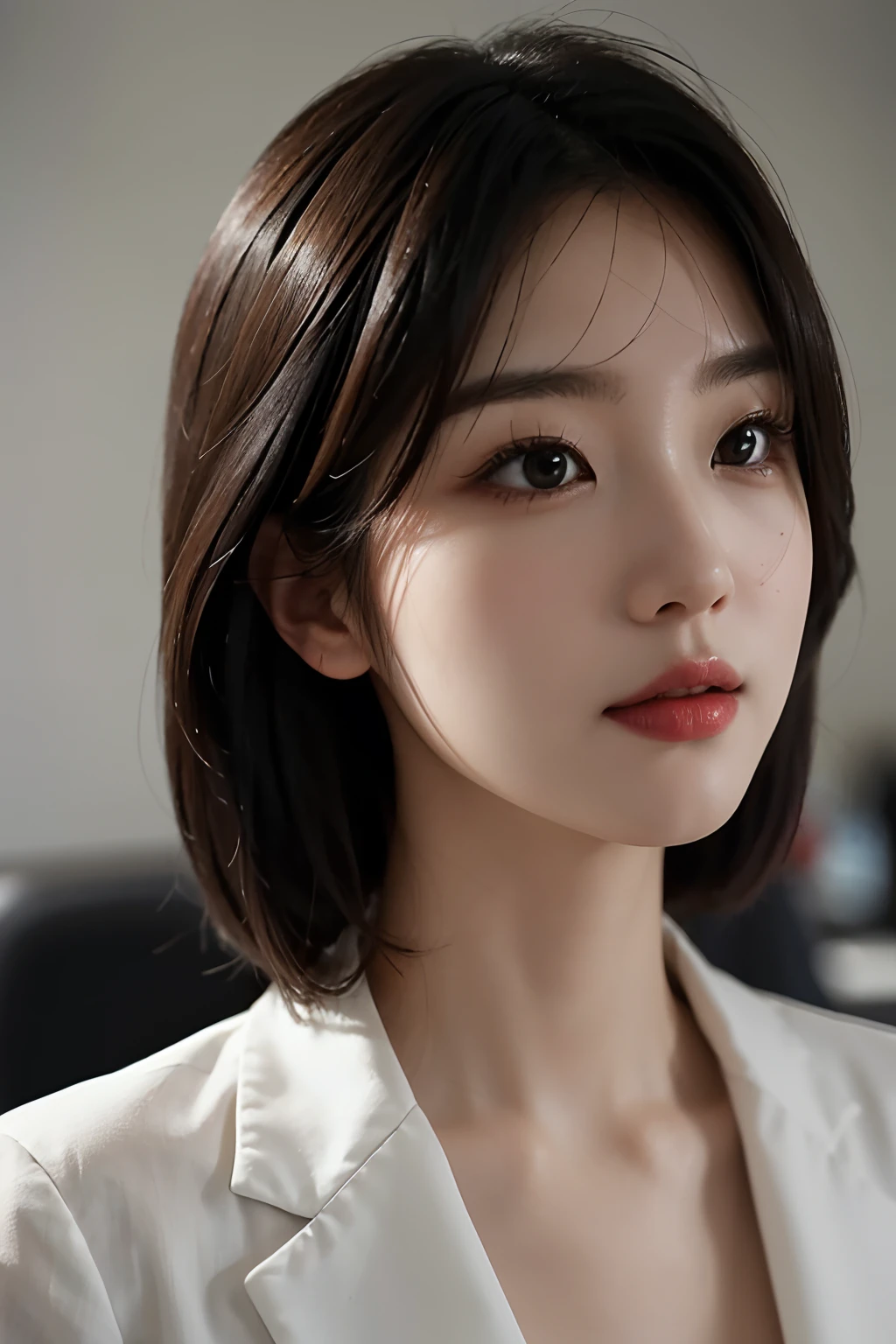 High-res, Realistic portrait of professional korean office lady with perfect skin，Professional suits，Women's suits，stand posture，The upper part of the body，Women in the workplace，Show confidence and maturity, Surrounded by a modern corporate environment, Vibrant and naturally lit highlights. The artwork should emphasize her elegant facial features, Including charming long eyes, Fluttering eyelashes and seductive lips. The scene should be enhanced with elements of professionalism and visual appeal，For example, Stylish work desk, Mainframe computers, High-resolution display, and complex stationery. The overall tone should be warm and professional, Has a soft and natural color palette. The artwork should exude a sense of professionalism, Success, and cultural pride，The background is blurred out