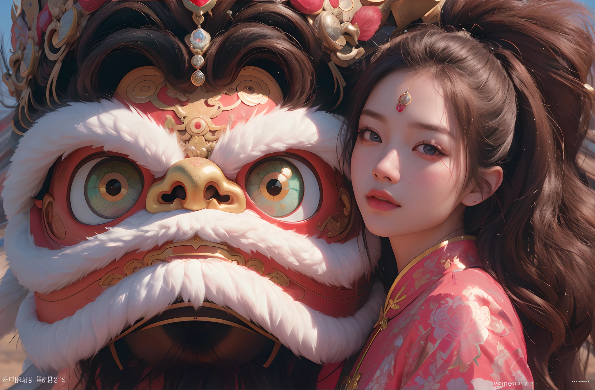 Beautiful Chinese woman in Han costume，There is a lion's head，There are white and red villi,metallic  luster:1.9，Fluff texture:1.9，Chinese elements，Ancient wind，(RAW photo:1.2),((Photorealistic:1.4))Best quality ,masutepiece, illustration, Extremely Delicately Beautiful, Extremely detailed ,Unity ,8K wallpaper, finedetail, Best quality,Highly detailed ticker big unity 8k wallpaper,absurderes, unbelievable Ridiculous, hugefilesize, Ultra-detailed, A high resolution, Extremely detailed,Beautiful detailed , extremely detailed eye and face, Beautiful detailed eyes，(8K, RAW photo, Photorealistic:1.25) ,( Gloss on lips, eyeslashes, gloss face, Glossy glossy skin, best qualtiy, 超A high resolution, depth of fields, color difference, Caustics, Wide light, naturalshadow, Kpop idol)