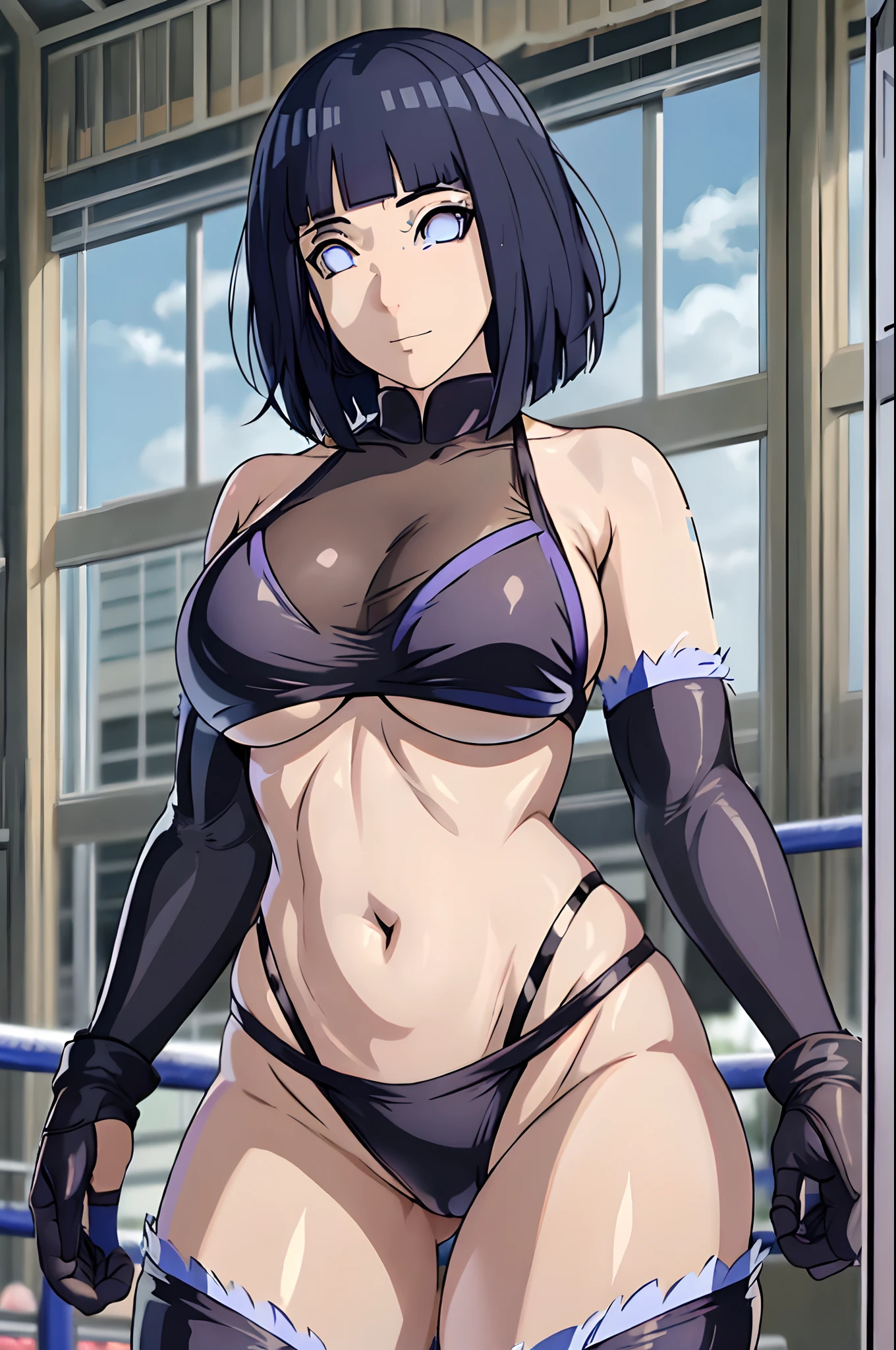 (4k, best quality, cowboy shot), (ultra detailed body, curvy), ((solo, 1 girl)), anime style, hires, ((wrestling stage, (children watching))), (hinata\(boruto\), (female wrestler), (slender body, broad shoulders), (mature woman, milf), (black bikini, micro bikini, ultra detailed pro wrestling gear, long gloves), (extremely gorgeous), (confident look, closed mouth), (pale skin, shiny skin, lighting and shadow), (dark blue hair color:1.1), wavy hair, ((short hair, hime cut), big breasts, (()), (long belly), (very seductive), (perfect eyes, white sciera, bright eyes, white eyes, anime eyes)