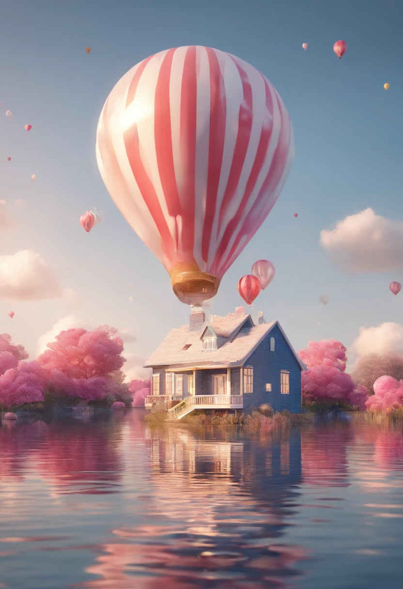 In the middle of the lake is a house made of balloon texture,Future pure white background 8k