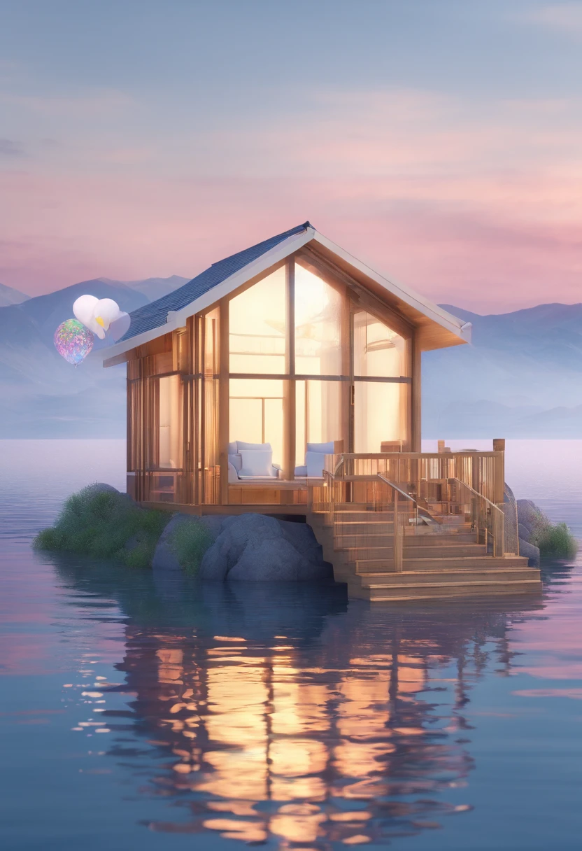 In the middle of the lake is a house made of balloon texture,Future pure white background 8k