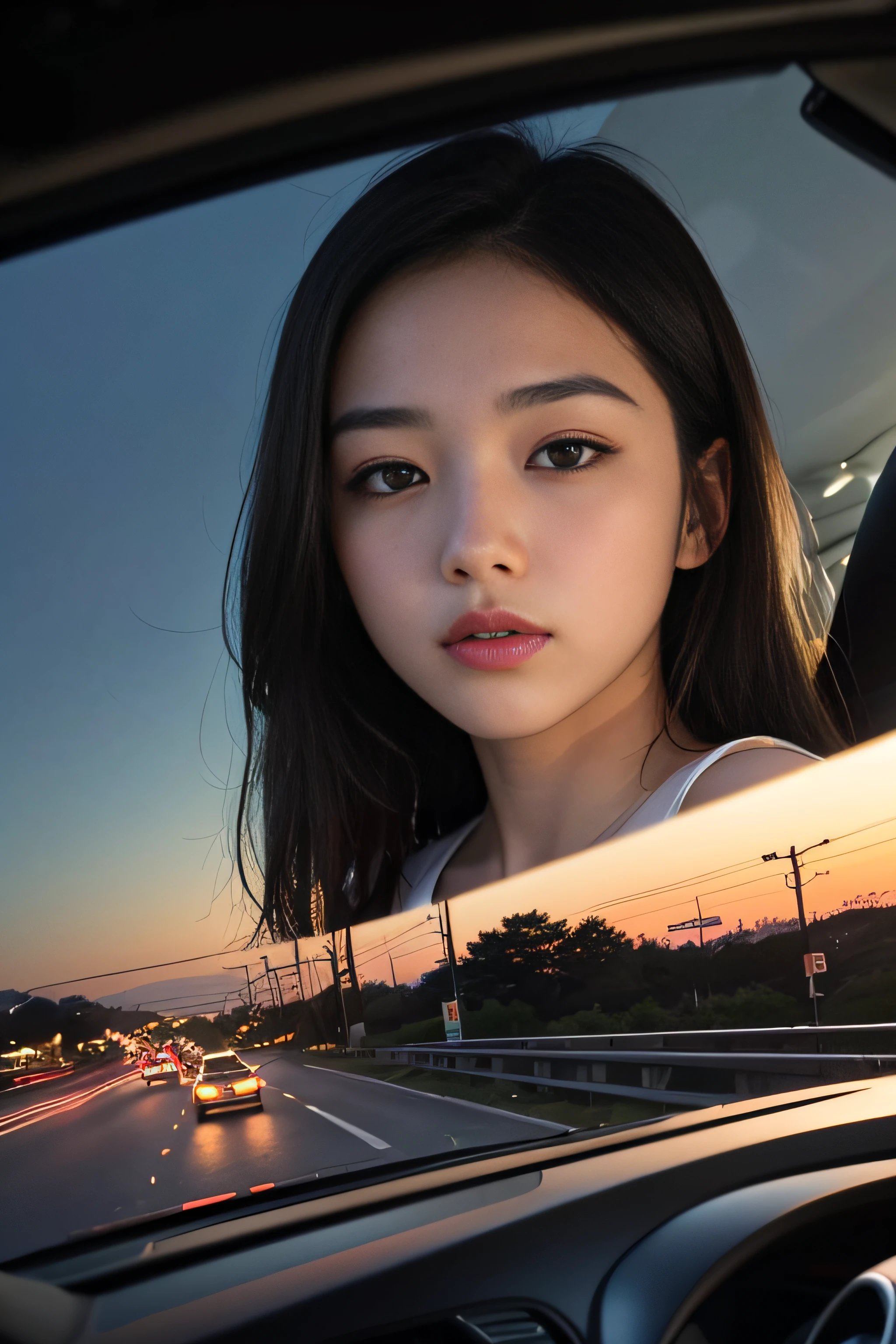 1womanl、Early 20s、(beauitful face:1.5)、Central Freeway、Overtaking Chofu Base、If you're heading to the mountains、(Twilight dyes and unfolds the windshield)、(City lights begin to flicker:1.1)