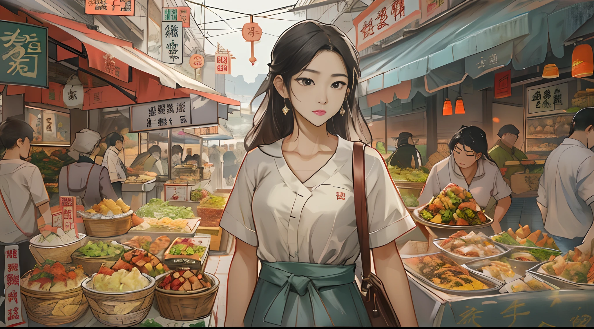 A young woman named Yang Feiyue stands on a bustling food street, holding a map, Surrounded by various food stalls, There was a hint of disappointment and confusion on his face。, ,in the style of the stars art group xing xing, 32K, Best quality, Masterpiece, Super detail, High details,