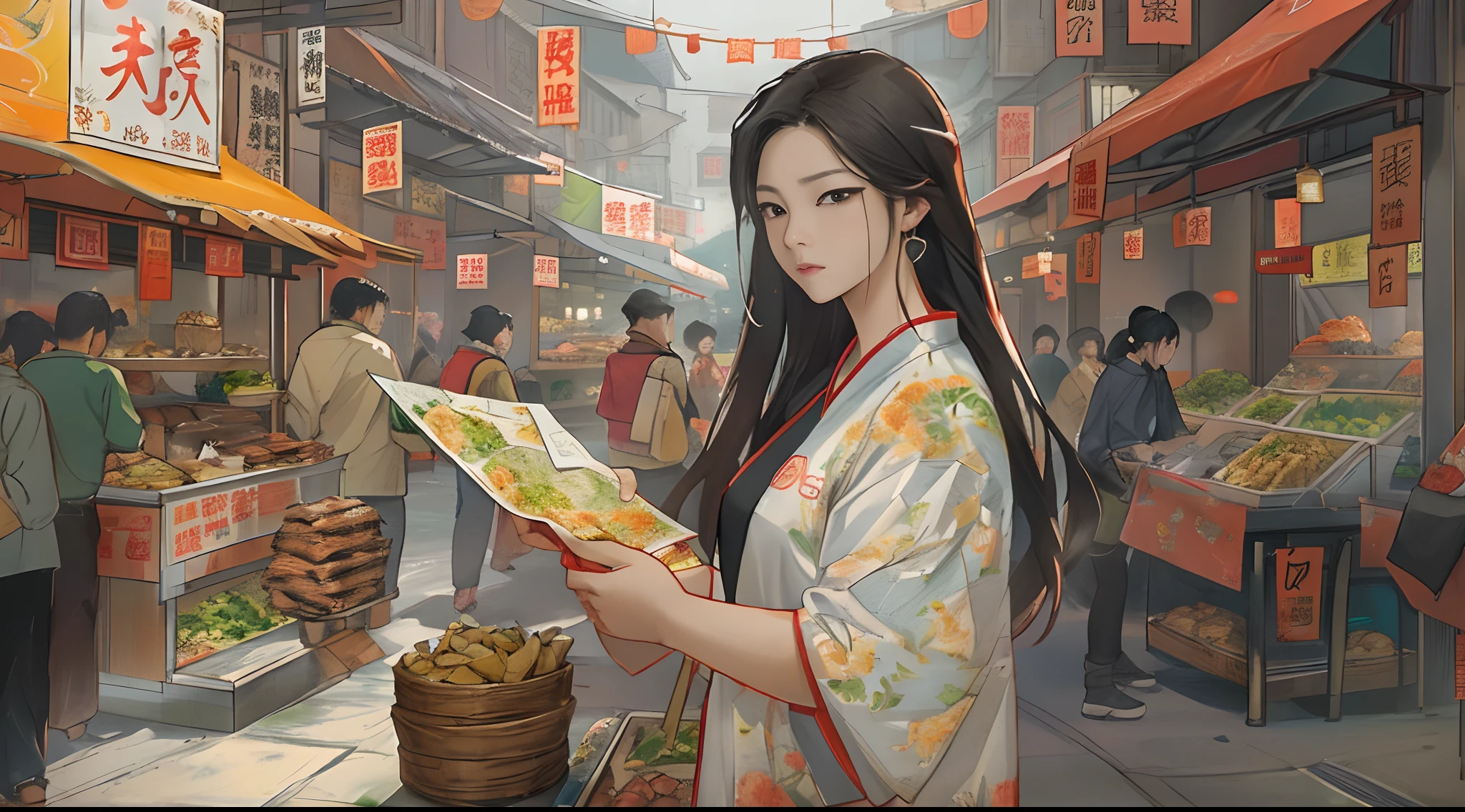 A young woman named Yang Feiyue stands on a bustling food street, holding a map, Surrounded by various food stalls, There was a hint of disappointment and confusion on his face。, ,in the style of the stars art group xing xing, 32K, Best quality, Masterpiece, Super detail, High details,