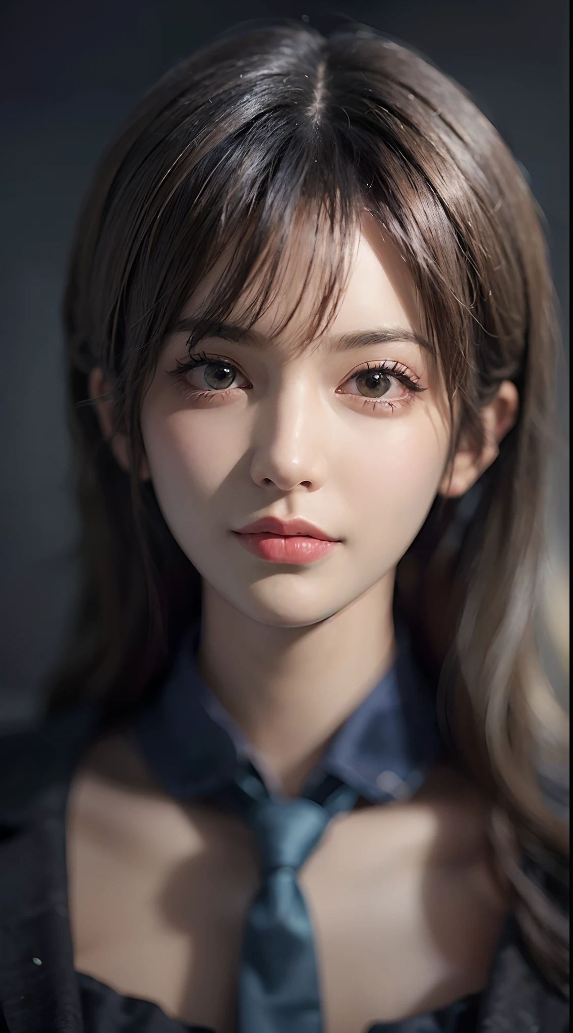 Hyperrealist portrait of female by david hockney and alphonse mucha,fantasy art, photo realistic, dynamic lighting, artstation, poster, volumetric lighting, very detailed faces, 4 k, award winning,, 1girl, in the dark, deep shadow, low key,cowboy shot,(official clothing:1.4) ,long hair,white hair,