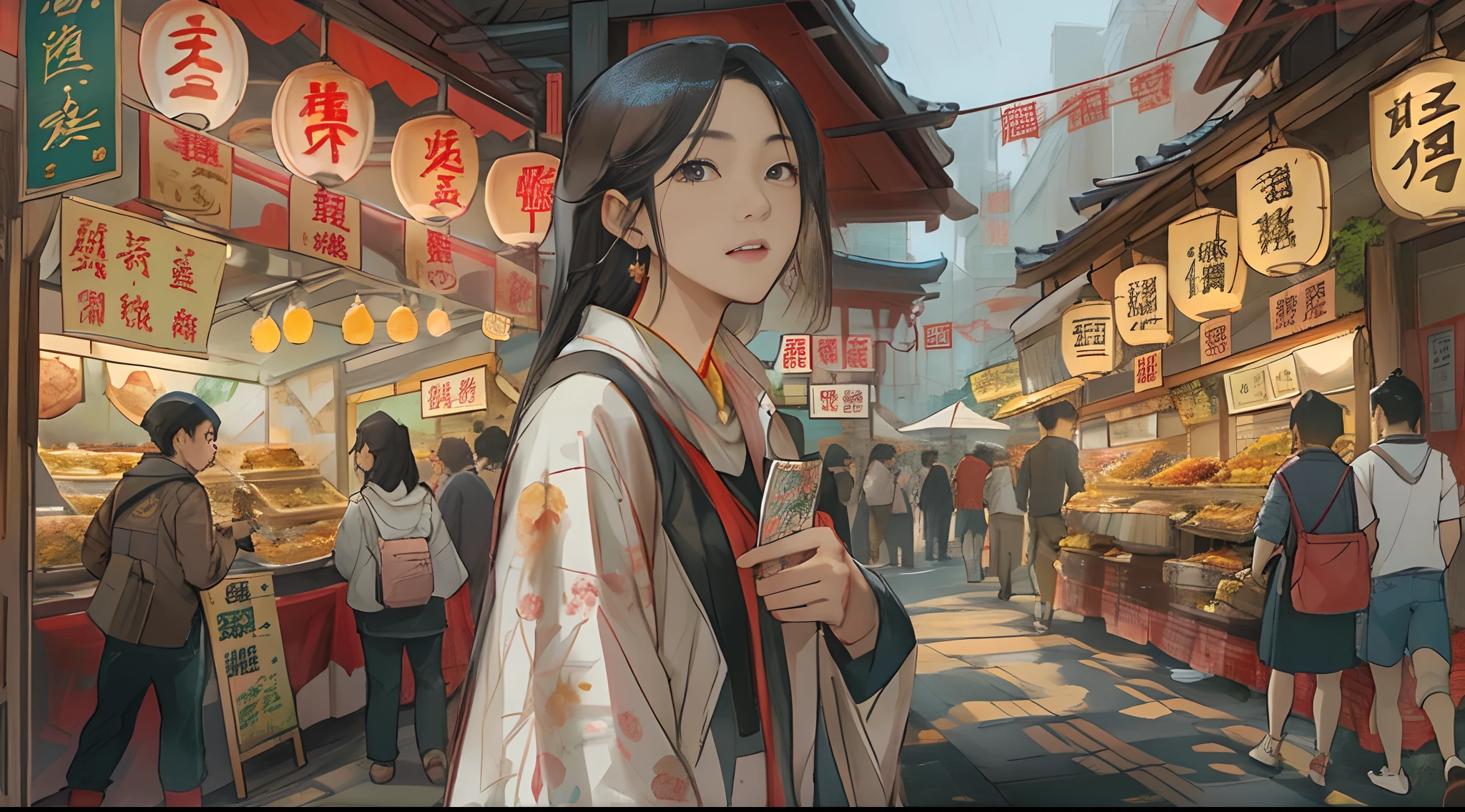 A young woman named Yang Feiyue stands on a bustling food street, holding a map, Surrounded by various food stalls, There was a hint of disappointment and confusion on his face。, ,in the style of the stars art group xing xing, 32K, Best quality, Masterpiece, Super detail, High details,