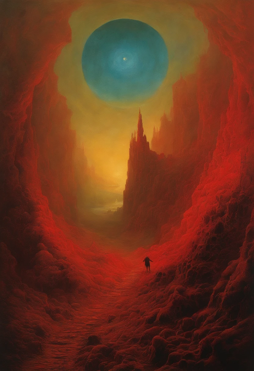 mythological creatures, author:Zdzislaw Beksinski和Van Gogh, album covers, romatic, surrealism, Futuristic ,satan, coral, wizard, abstracted, Dark, Red, hell, landscape