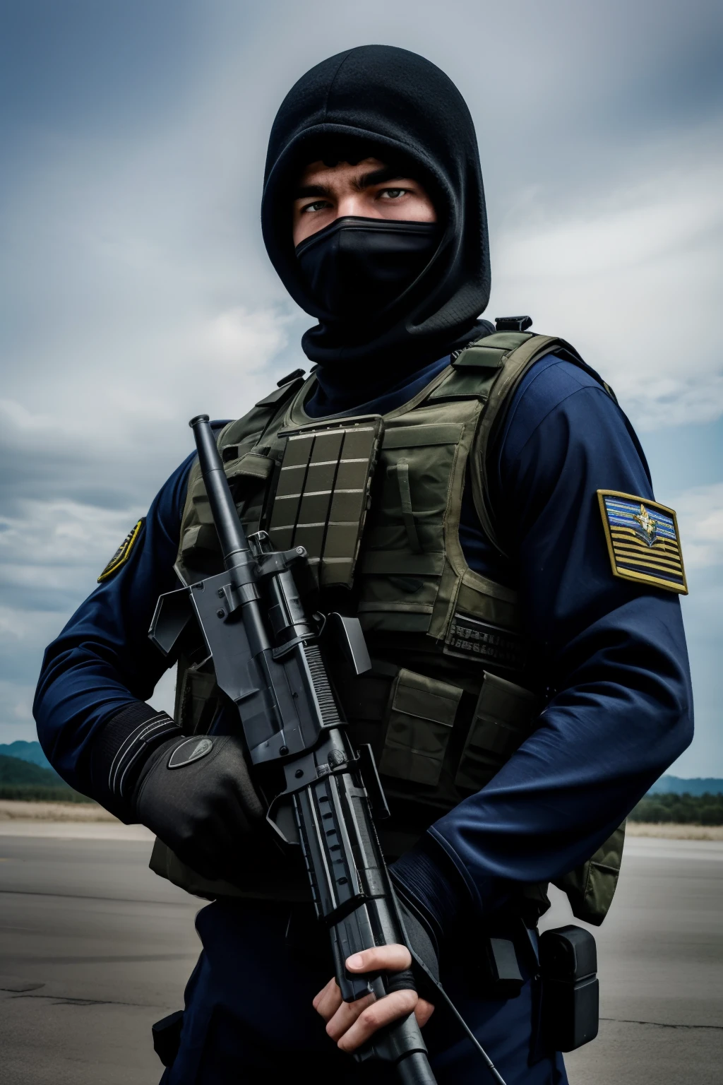 swat fighter, military style, age male, masculine square face, bottomless, armoured vest, balaclava, machine gun