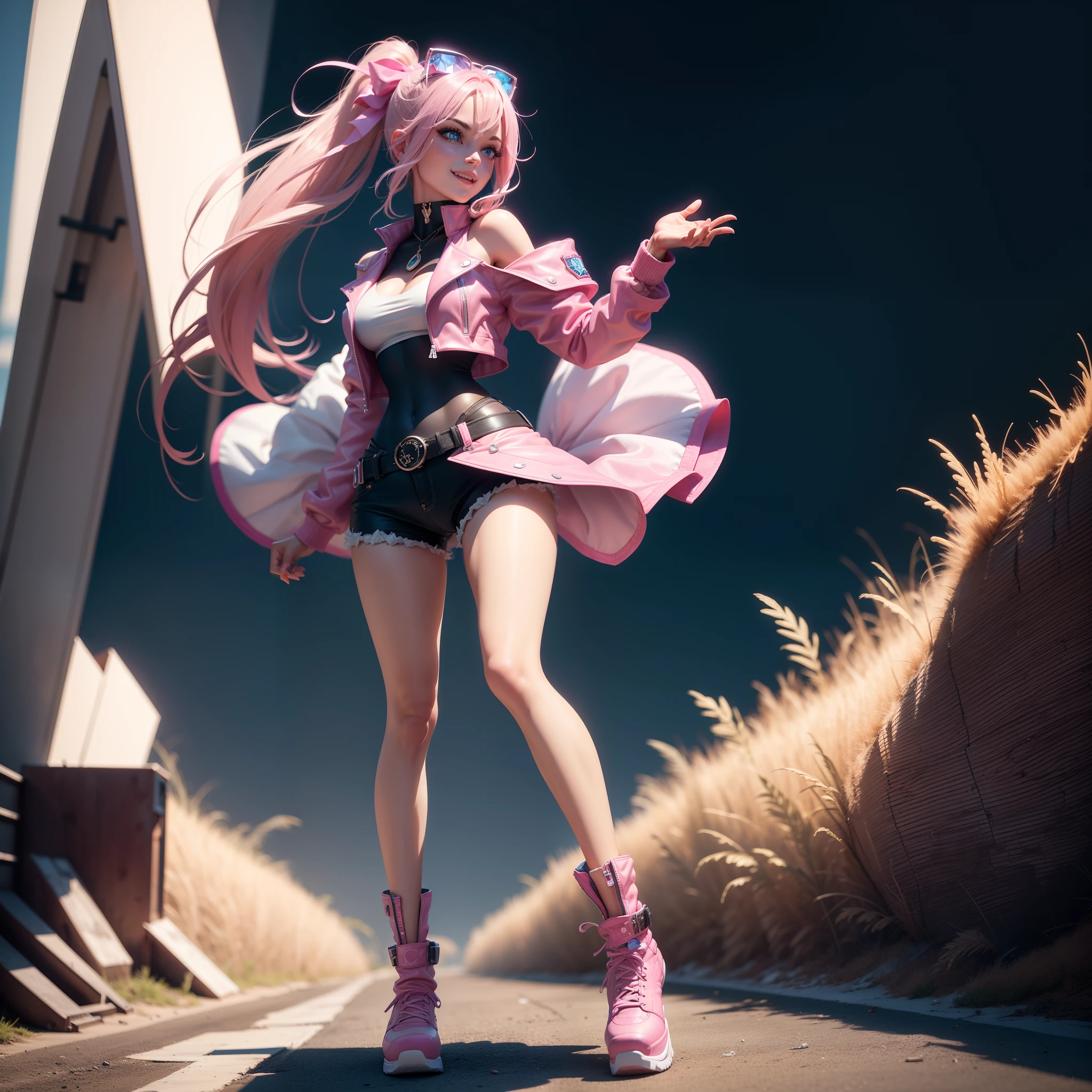 One Barbie, ((Full body)), Blue eyes, Smiling face, Hair loss swaying in the wind, Hip Hop Singer Pose, Dressed in hip-hop style, Wearing a pink biker jacket and light-reflecting hot pants,swarovski,pasties,With a pink bow on the arm, Fashion, Extremely high quality, high details, 8K, clean back ground, in studio, ((Full body shot)),Align your fingers neatly,Accurate Hand Modeling,wave her hand,