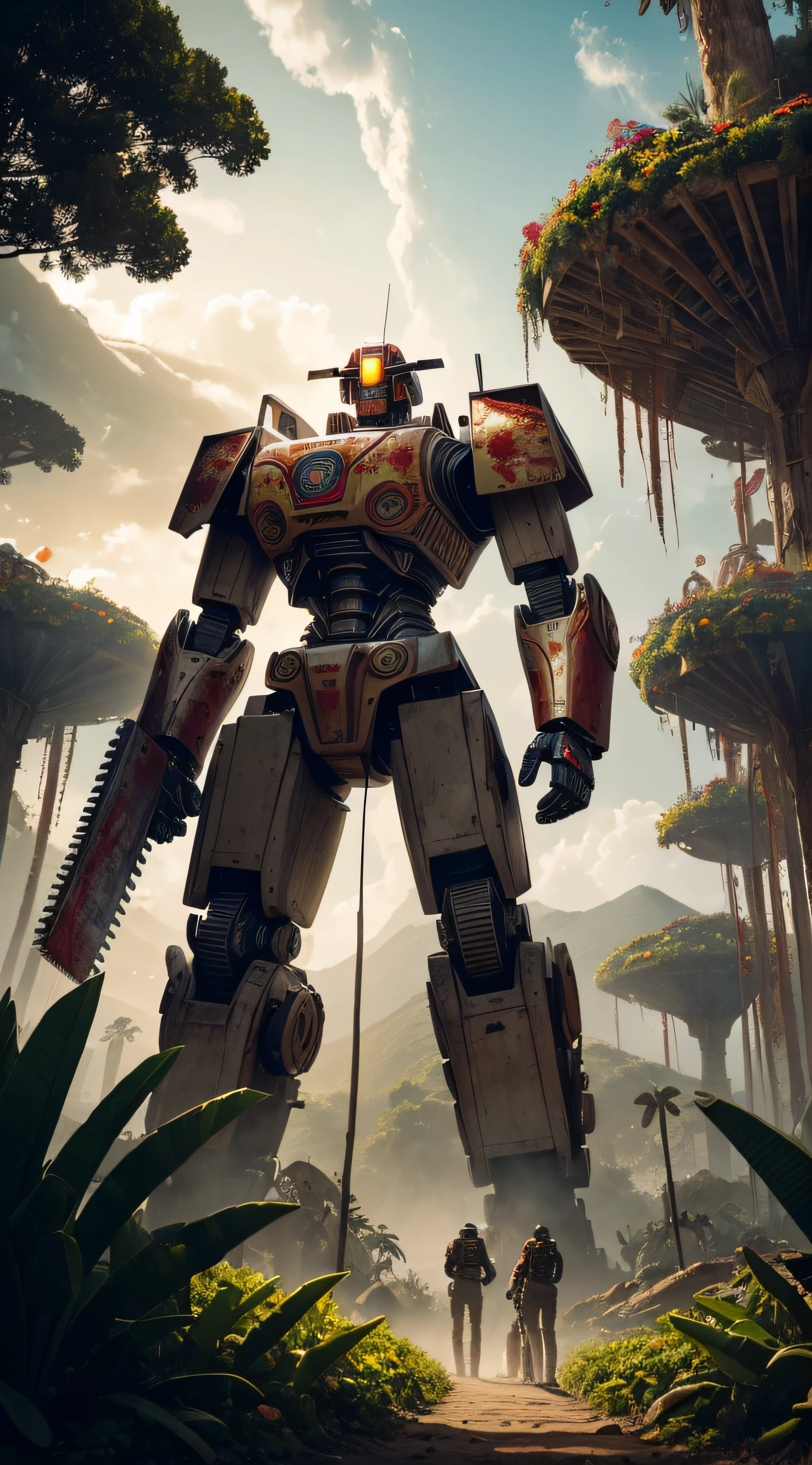 (extremadamente detallado, obra maestra, La mejor calidad, foto antigua, principios de siglo, VHS Aesthetics) Great retro robot with blood in robotic hands. cannons on his back. chainsaws. In the middle of a strange jungle. Vegetables from another dimension. Epic flowers far away, organic trees with meat. Light Volumetric