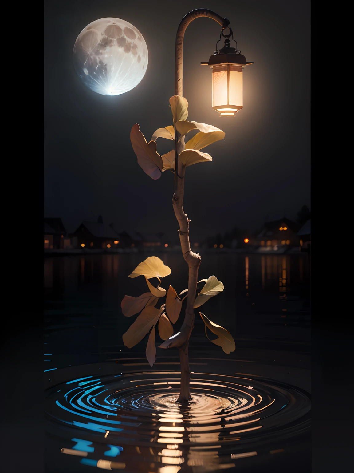 (Best quality,Photorealistic:1.2,Ultra-detailed:1.1,Realistic,Masterpiece:1.2),Photography,water,Moon,Mid-Autumn Festival,lantern