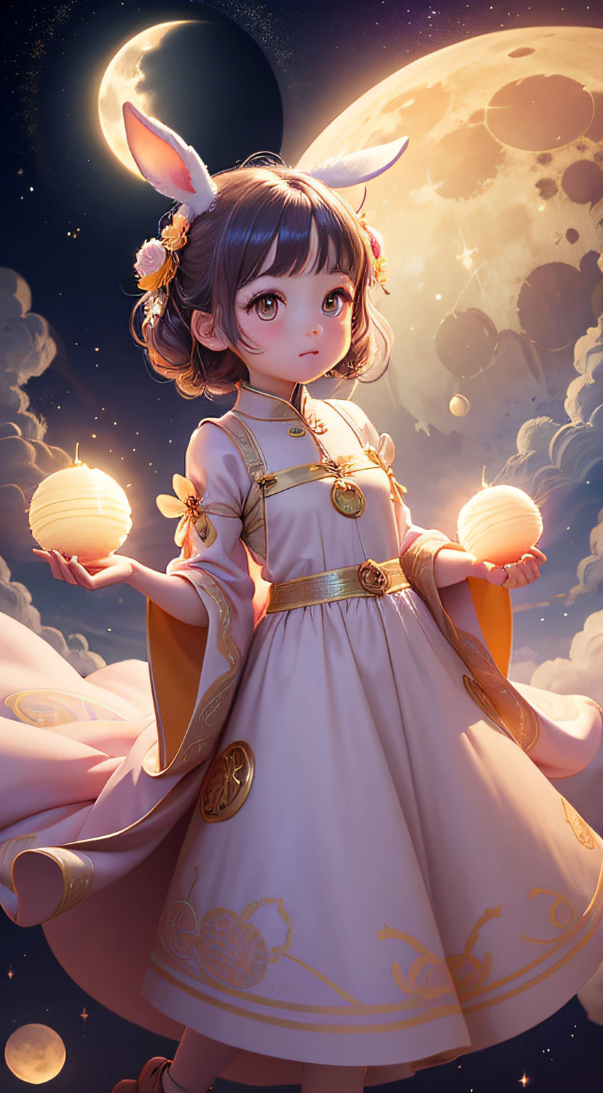 Little Chinese girl in pink sweater,The index finger of the right hand points to the sky, 2 years old, ruan jia beautiful!, inspired by Li Keran, Inspired by Tang Yifen, from china, Very cute and childlike, inspired by Zhang Zeduan, she expressing joy, Young Asian girl, Lin Qifeng, 4 year old, lulu chen,sci fi background,The vast universe