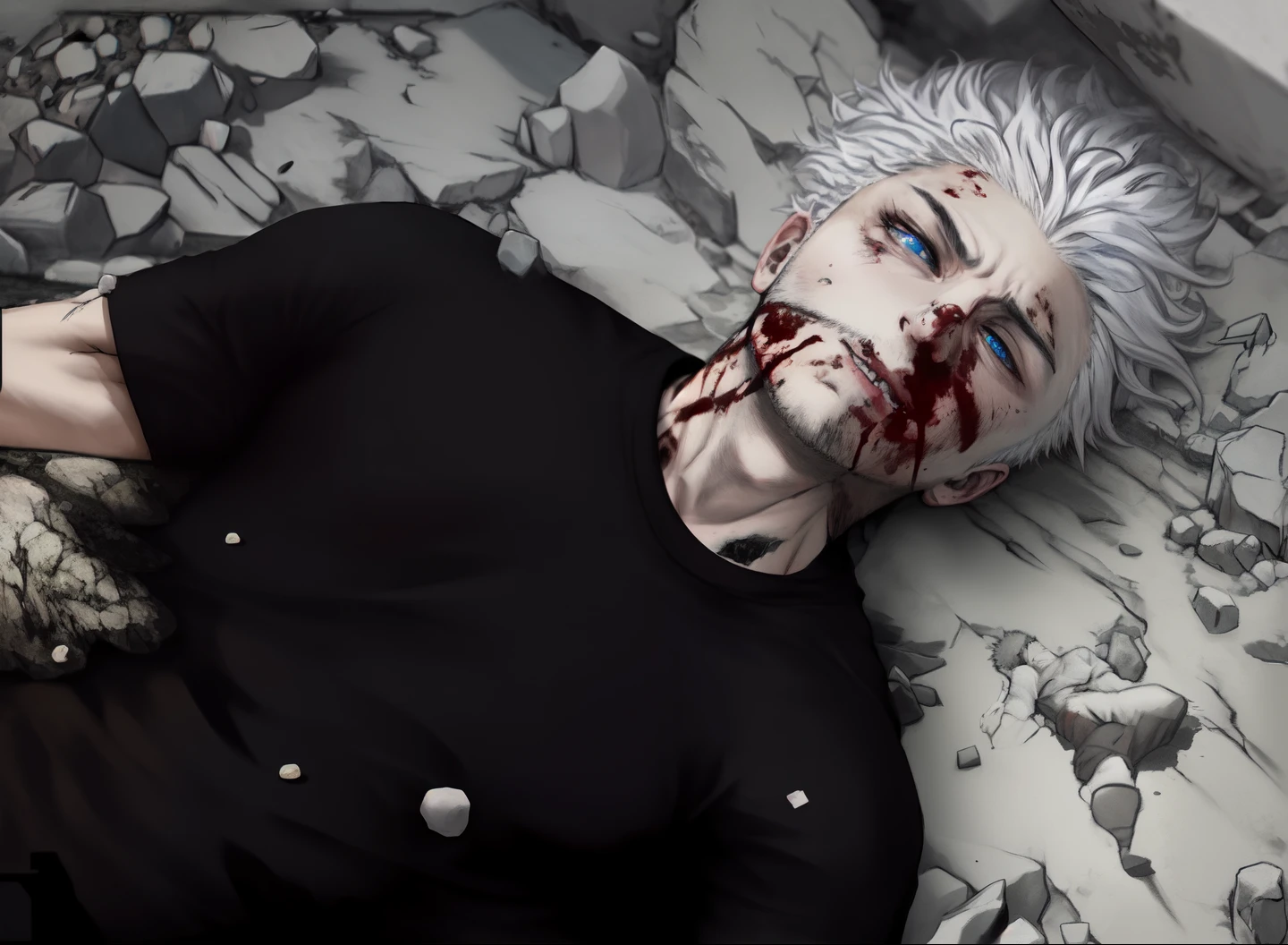 (MANGA ART STYLE),Man lying on ground, wearing black tshirt,sad,white hair, blue eyes, blood in mouth and face, daytime, rock ground, daytime