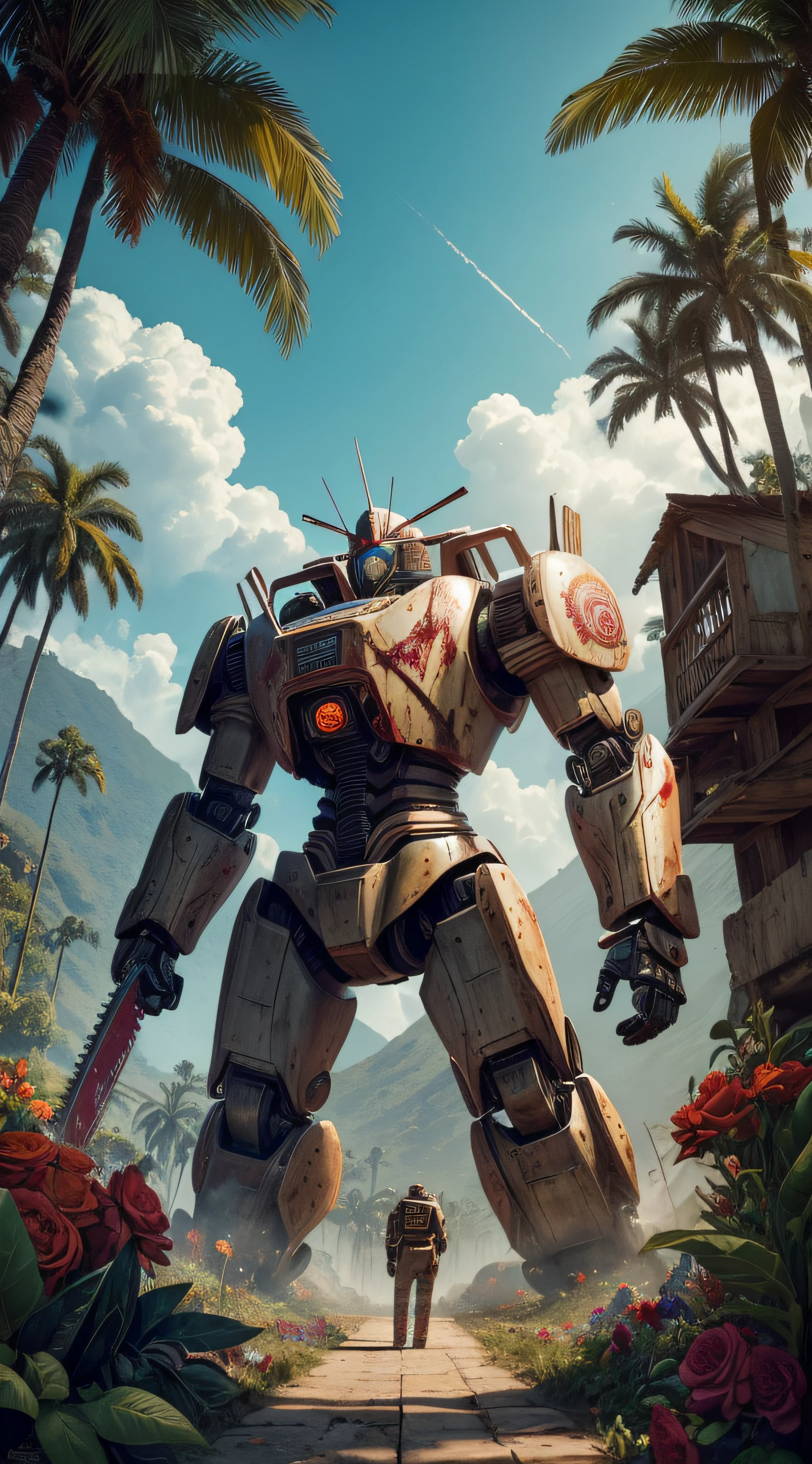 (extremadamente detallado, obra maestra, La mejor calidad, foto antigua, principios de siglo, VHS Aesthetics) Great retro robot with blood in robotic hands. cannons on his back. chainsaws. In the middle of a strange jungle. Vegetables from another dimension. Epic flowers far away, organic trees with meat. Light Volumetric