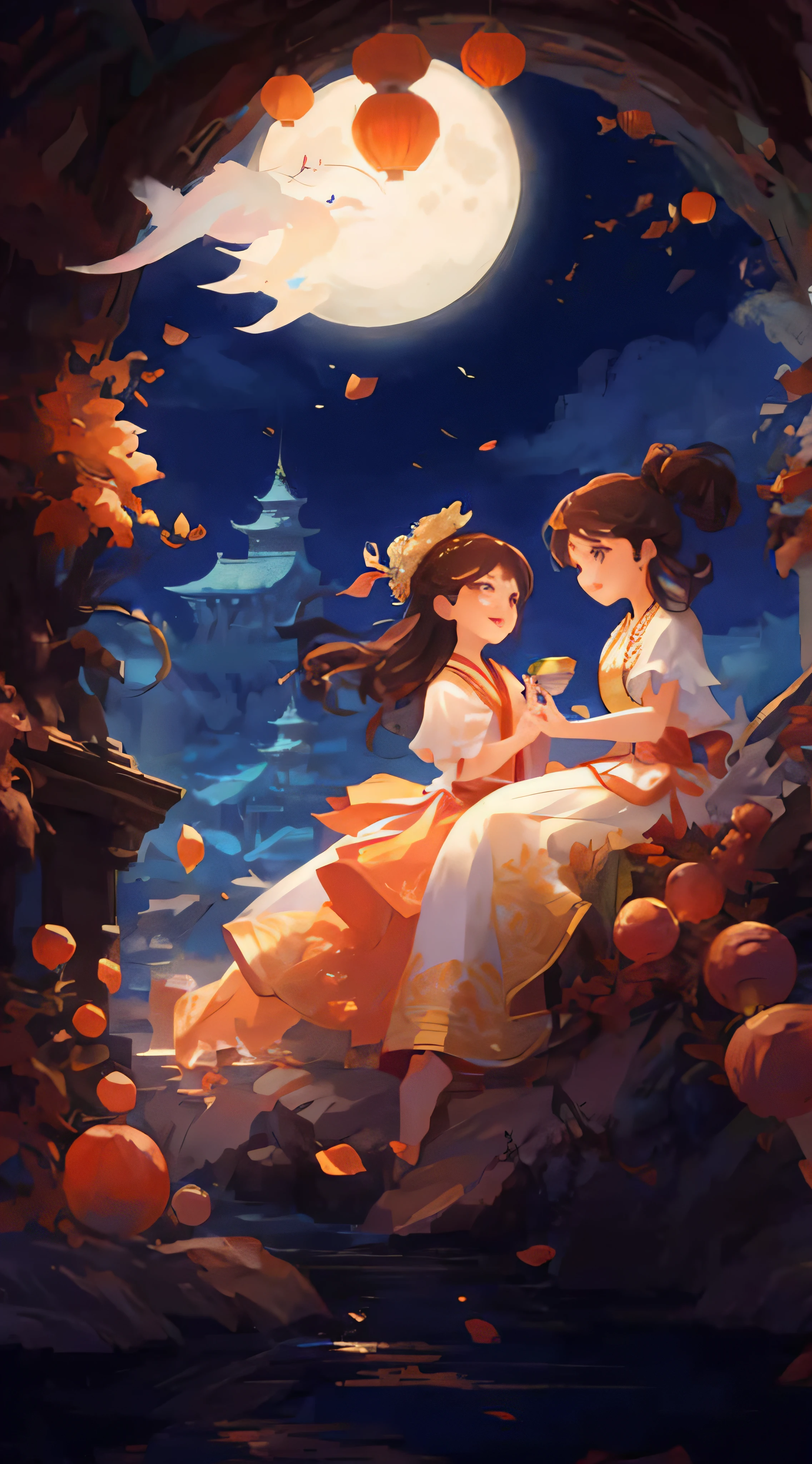 Two girls sitting on rocks under a full moon, A beautiful artwork illustration, Anime fantasy illustration, Palace ， A girl in Hanfu, By Li Song, author：Qu Leilei, Anime fantasy artwork, By Leng Mei, fantasy style art, author：Li Fangying, fairy-tale illustration style, Fantasy art style, epic tale of the twin sisters, by Yang J