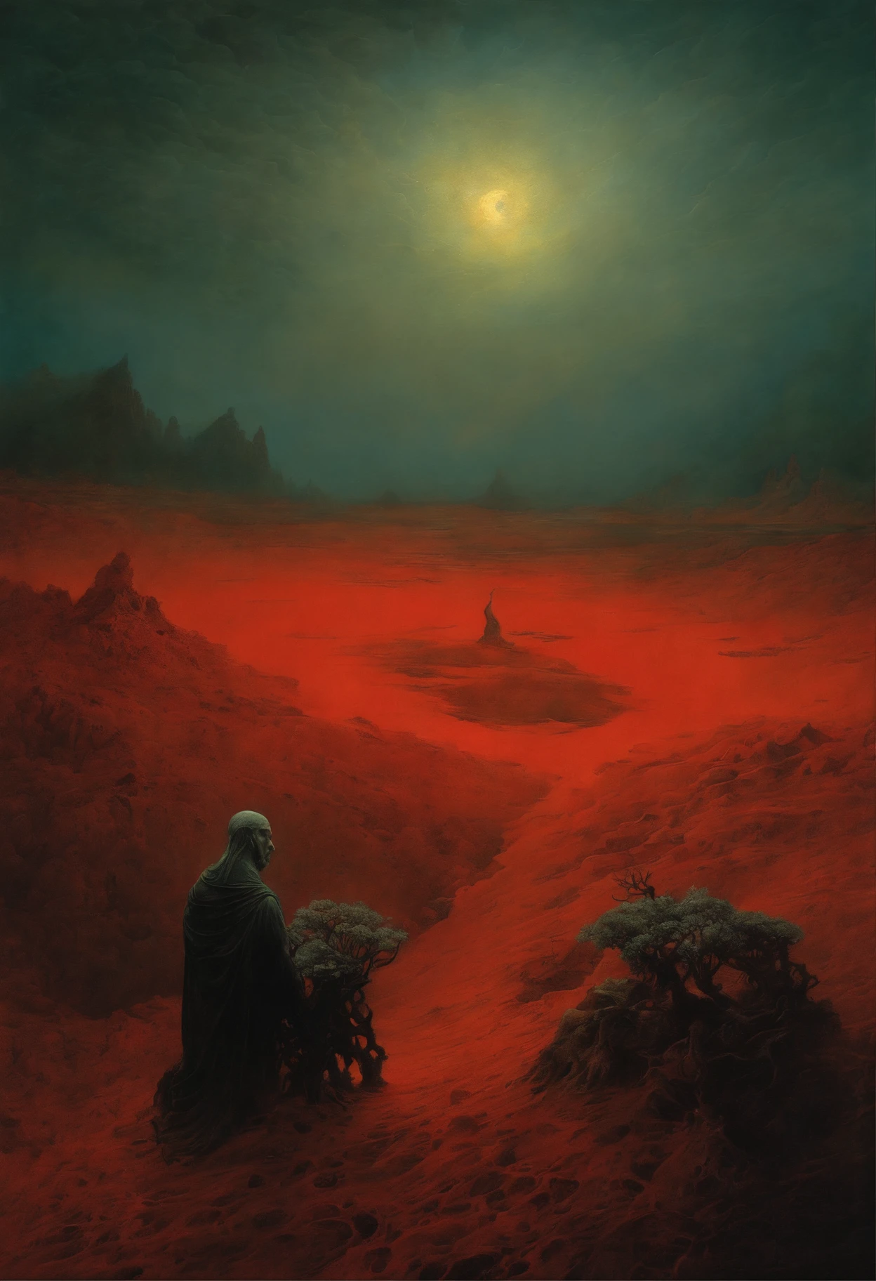 mythological creatures, author:Zdzislaw Beksinski和Van Gogh, album covers, romatic, surrealism, Futuristic ,satan, coral, wizard, abstracted, Dark, Red, hell, landscape
