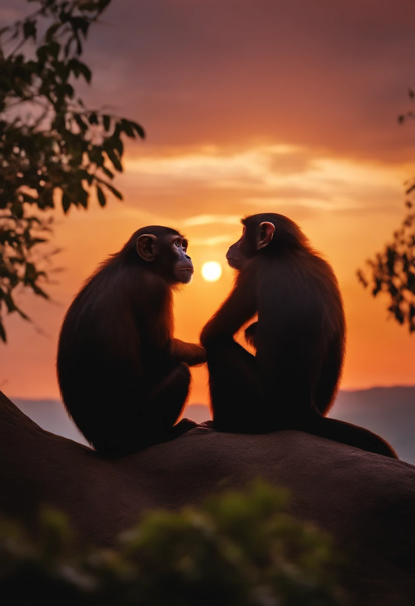 two animated monkeys looking at the sky in the middle of sunrise in the hill