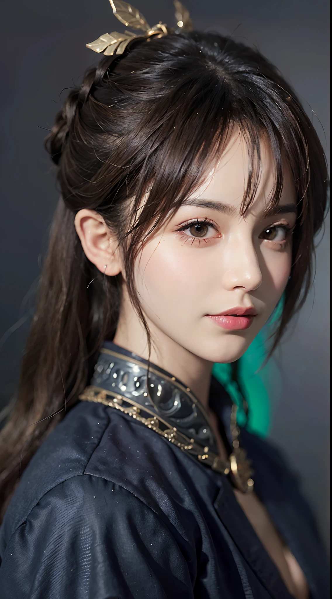 Best Quality, masutepiece, 超A high resolution, (Photorealistic:1.4), Raw photo, 1girl in, Cool costumes, Semi-long chignon hair, Indoor, Summer noon,Detailed eyes,(realisticeyes),delicated face,realskin,detailed hairs,Detailed skin,Beautiful face,fully body photo、