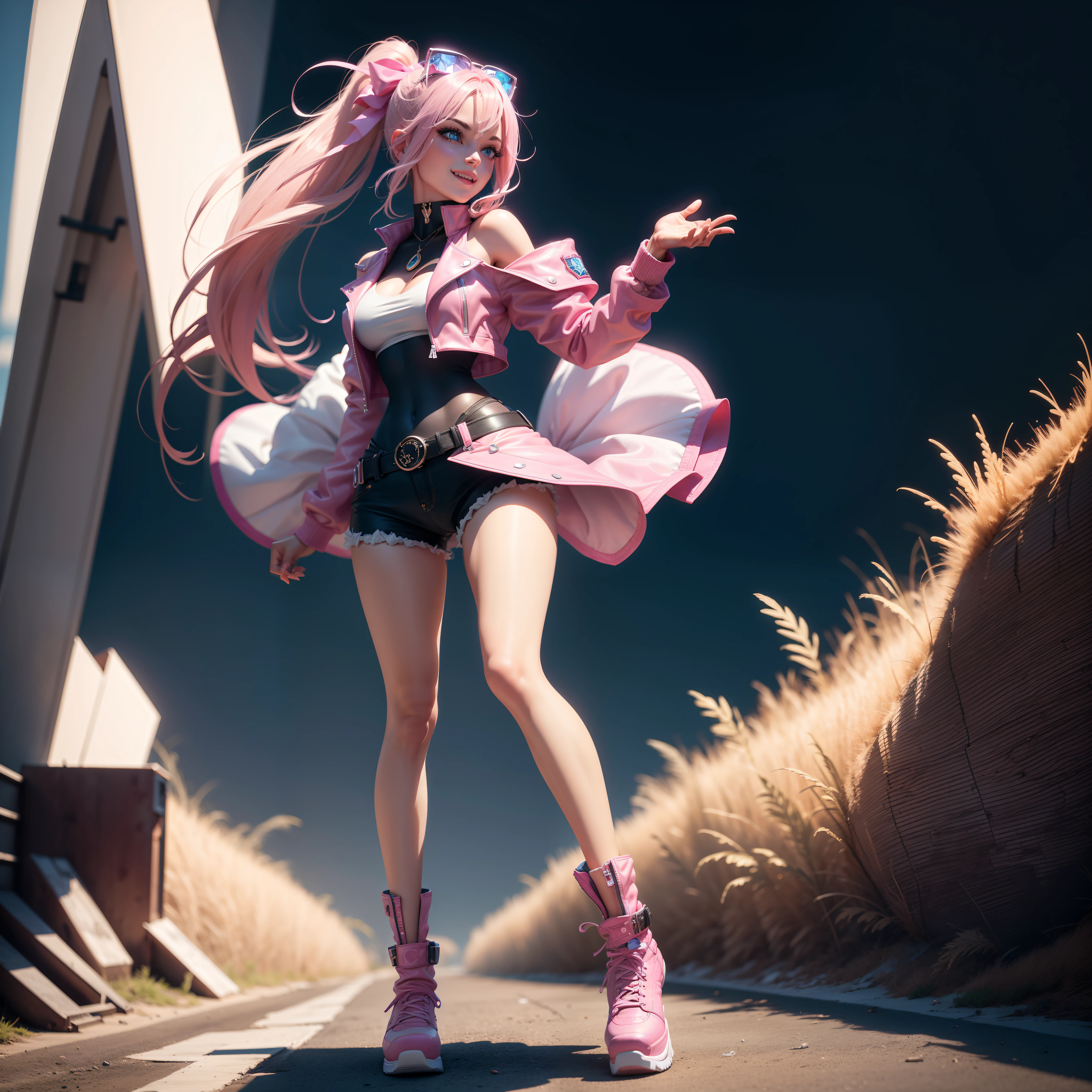 One Barbie, ((Full body)), Blue eyes, Smiling face, Hair loss swaying in the wind, Hip Hop Singer Pose, Dressed in hip-hop style, Wearing a pink biker jacket and light-reflecting hot pants,swarovski,pasties,With a pink bow on the arm, Fashion, Extremely high quality, high details, 8K, clean back ground, in studio, ((Full body shot)),Align your fingers neatly,Accurate Hand Modeling,wave her hand,