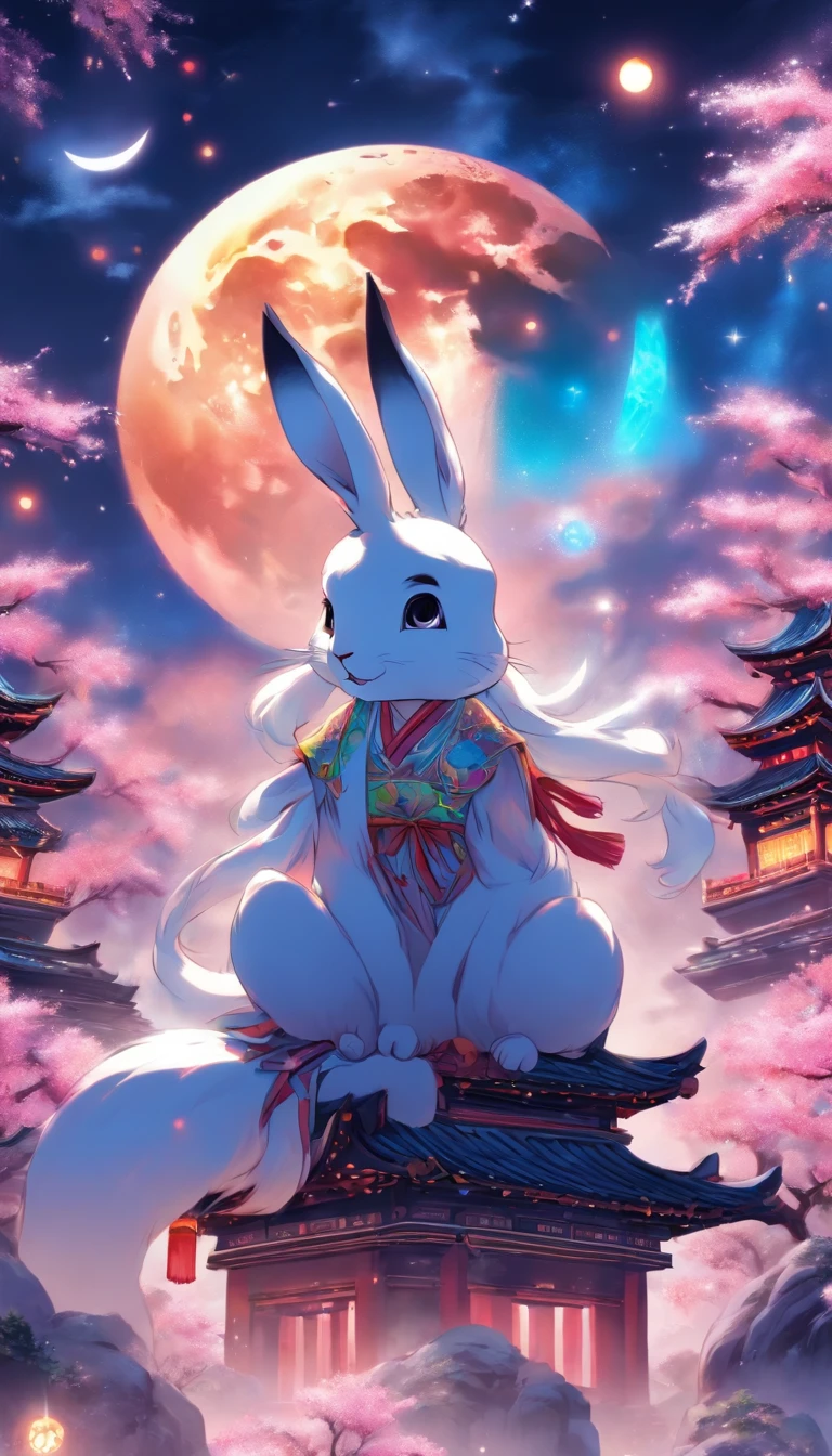 (full bodyesbian:1.25),Faraway view,(Faded:1.3),Extremely colorful,(tmasterpiece:1,2),best qualityer,extremely detailed CG 8k wallpaper,best qualityer,A high resolution,Original,extremelydetailedwallpaper,(solo person:1.25),one-girl,Detailed and beautiful face,Chinese Mid-Autumn Festival,Girl sitting on the moon,Behind you is a snow-capped Chinese palace,There is a rabbit at Chang'e's feet,Starry sky and blue earth as background,