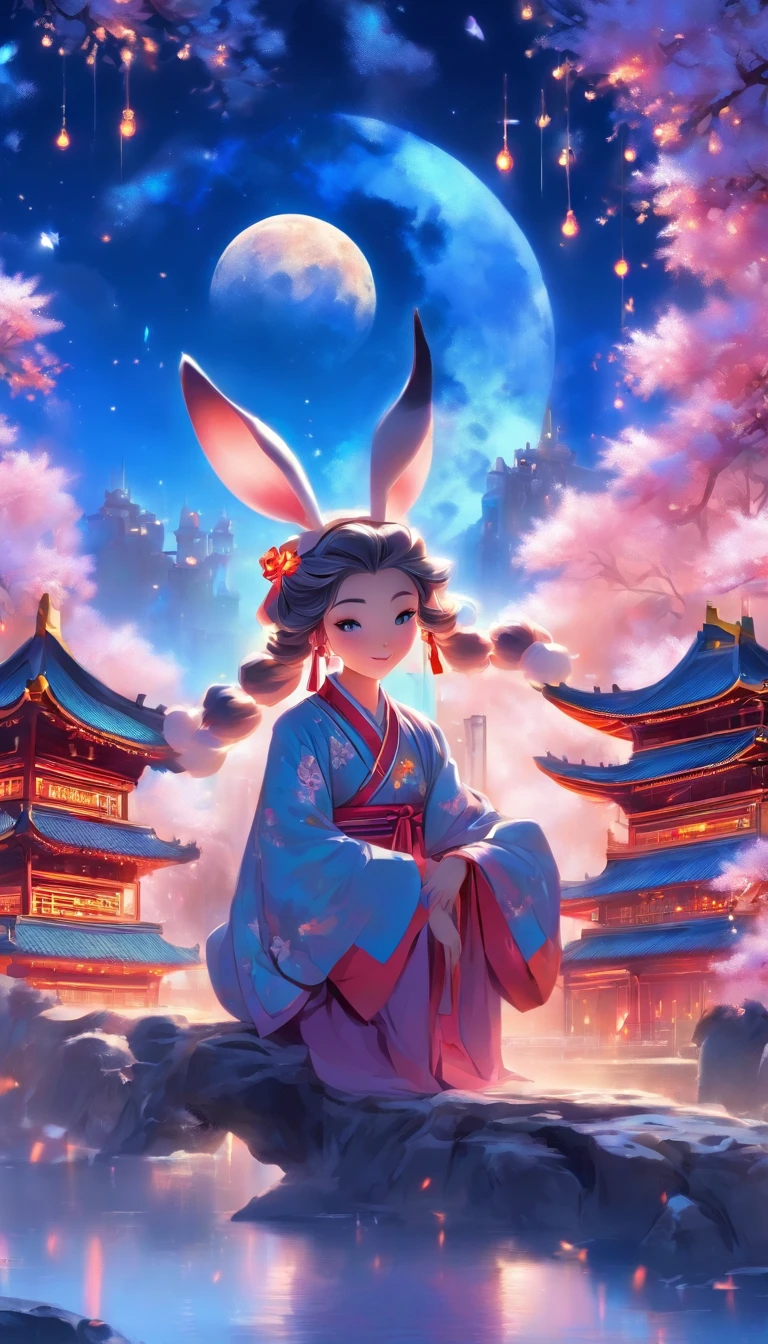(full bodyesbian:1.25),Faraway view,(Faded:1.3),Extremely colorful,(tmasterpiece:1,2),best qualityer,extremely detailed CG 8k wallpaper,best qualityer,A high resolution,Original,extremelydetailedwallpaper,(solo person:1.25),one-girl,Detailed and beautiful face,Chinese Mid-Autumn Festival,Girl sitting on the moon,Behind you is a snow-capped Chinese palace,There is a rabbit at Chang'e's feet,Starry sky and blue earth as background,