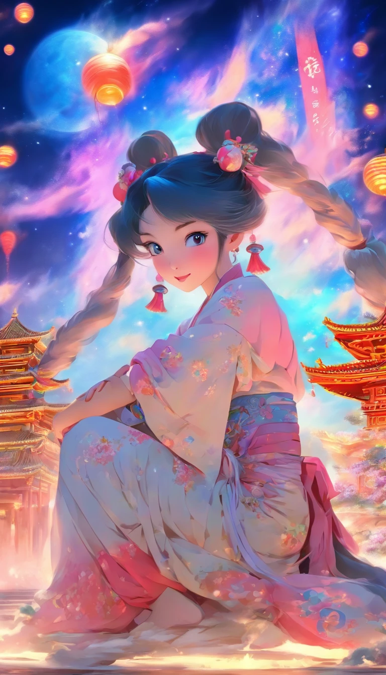 (full bodyesbian:1.25),Faraway view,(Faded:1.3),Extremely colorful,(tmasterpiece:1,2),best qualityer,extremely detailed CG 8k wallpaper,best qualityer,A high resolution,Original,extremelydetailedwallpaper,(solo person:1.25),one-girl,Detailed and beautiful face,Chinese Mid-Autumn Festival,Girl sitting on the moon,Behind you is a snow-capped Chinese palace,There is a rabbit at Chang'e's feet,Starry sky and blue earth as background,