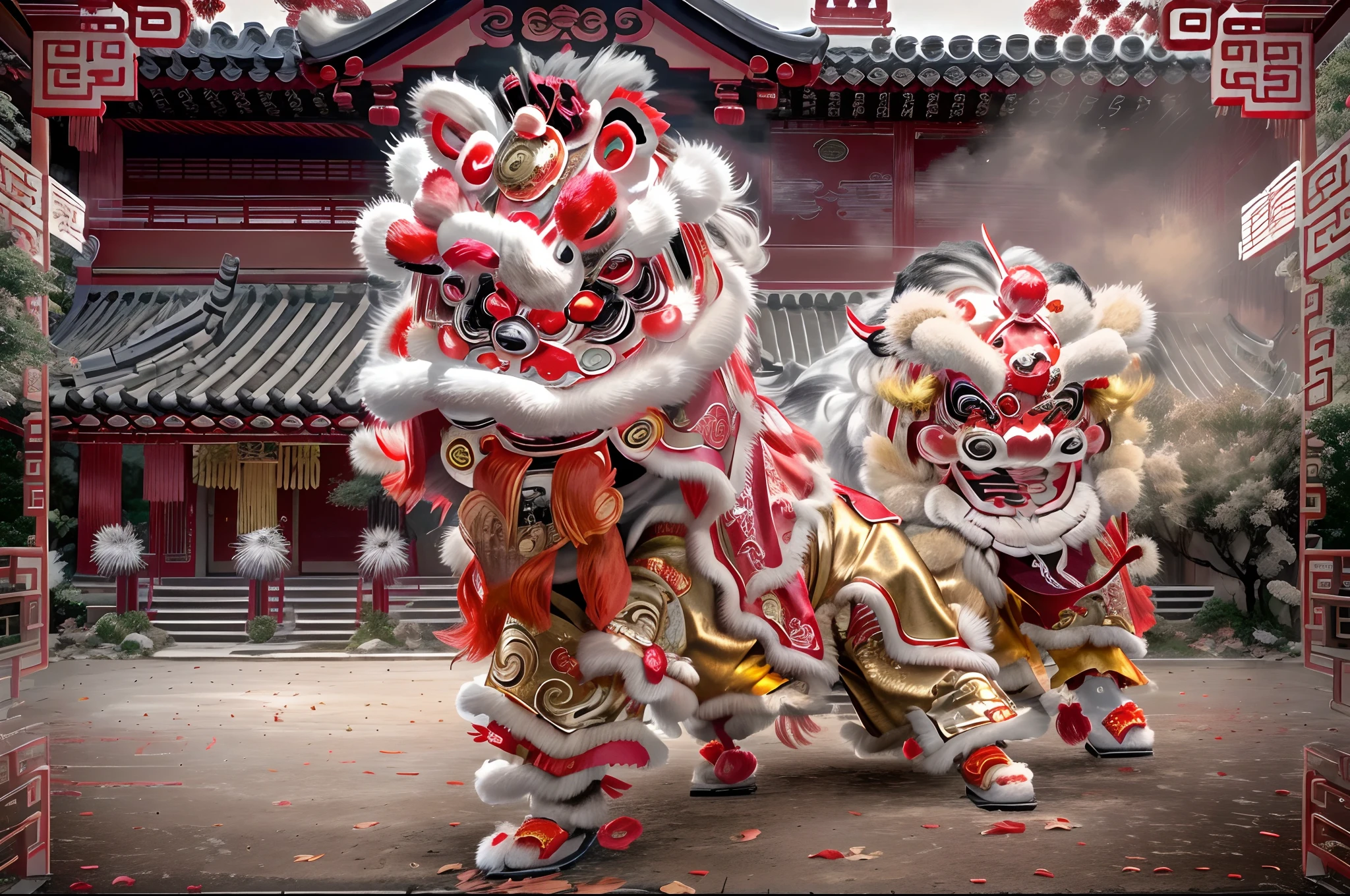 (Chinese lion dance:1.4)，It is held on the stage of the temple fair，Two young men dressed in ornate lion dance costumes，It is decorated with gold and red sequins and embroidery，Holding an elaborate lion head，A traditional lion dance is displayed with great skill and coordination，Swing the lion's body like a wave，At the same time, it can also perfectly display the strength and majesty of the lion，Traditional Chinese art， Ink painting style, Clean colors, decisive cutting, White space, freehand brushwork, Soft lighting，dreamy glow， ( Bokeh)，Masterpiece, Super detailed, Epic composition, Highest quality, 4K