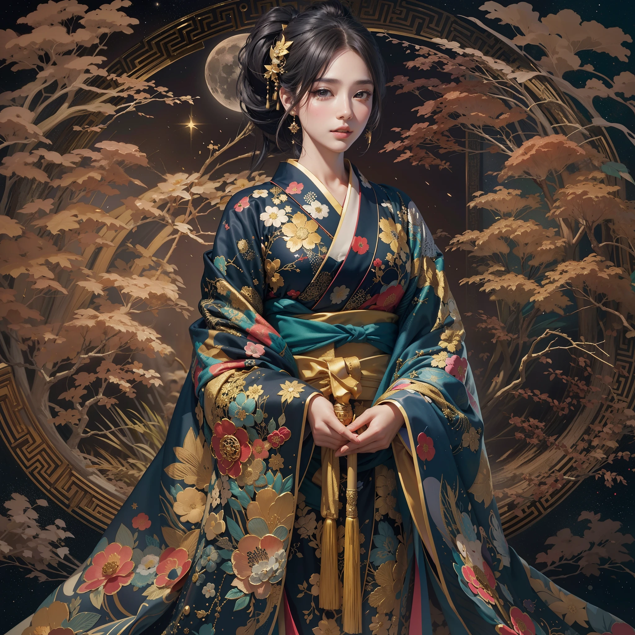 a moon、Detailed background((ancient city:1.2),Detailed starry sky background)、Elegant backgrounds,Zen entanglement, mandalas, Tangled, Tangled,glossy dark hair,Ponytail BREAK,elaborate costume{Luxury kimono(Colorful kimono(Detailed golden embroidery,))}、face perfect,Japanese Idol(actress),Depict a beautiful and graceful woman of Japan。Heart in the eye。 Wallpaper 8K, .Blur the background with a sickle,((masutepiece)), ((Best Quality)),{{a portrait photo of}},full body Esbian