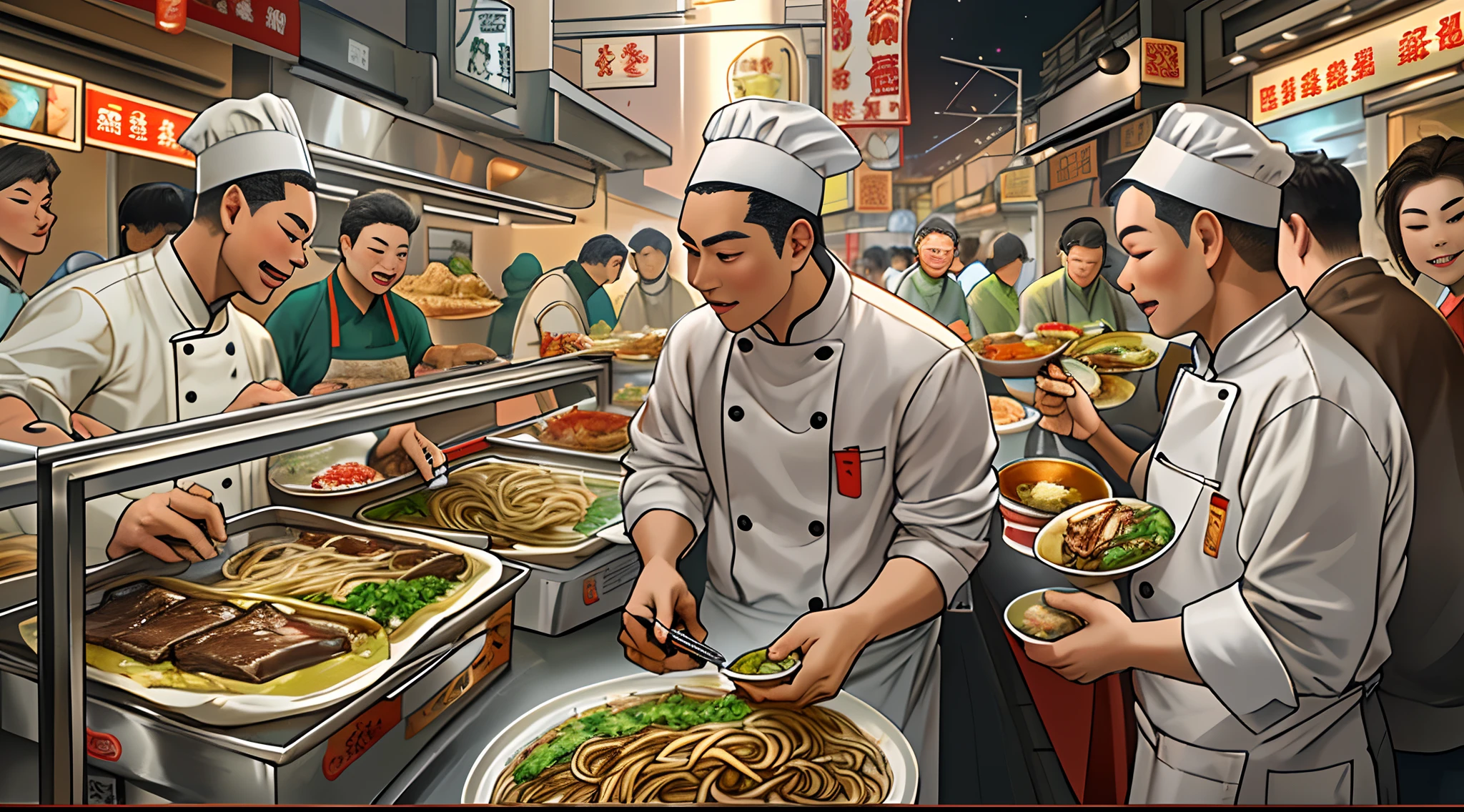 A chef has just set up a food stall,Many people gathered around,The expressions in the crowd revealed surprise and doubt about the price。,in the style of the stars art group xing xing, marvel comic, Meticulous portraiture, Kawasi, close-up intensity, Familiar domestic scene, Xu Beihong, 32K, Best quality, Masterpiece, Super detail, High details