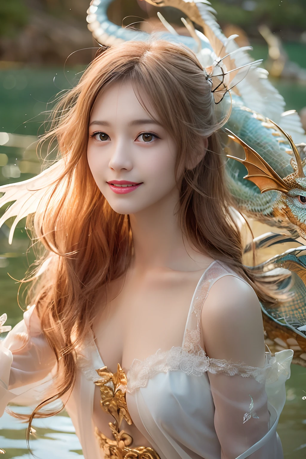 Dragons in Chinese mythology,(Portrait of an angel and a dragon god:1.3,)(Sheer and revealing white fluffy outfit:1.3, ),(Angel with glass wings floating above lake:1.3), (A glass dragon protects angels from behind:1.3),shiny light brown and orange striped hair,,,,,,,,Cute smile,Perfect round face,A cheerful smile that makes the viewer happy,Proper body proportion,masutepiece,Super high-quality output images,hight resolution,Intricate details,Hair fluttering in a very delicate and beautiful wind,photos realistic,Dreamy,Professional Lighting,realistic shadow,Beautiful hands,Beautiful fingers,Detailed finger features,detailed clothes features,Detailed hair features,detailed facial features,